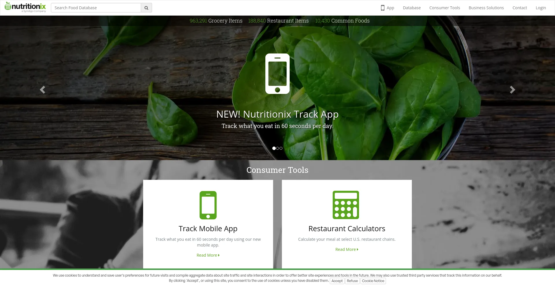 Screenshot of nutritionix.com homepage