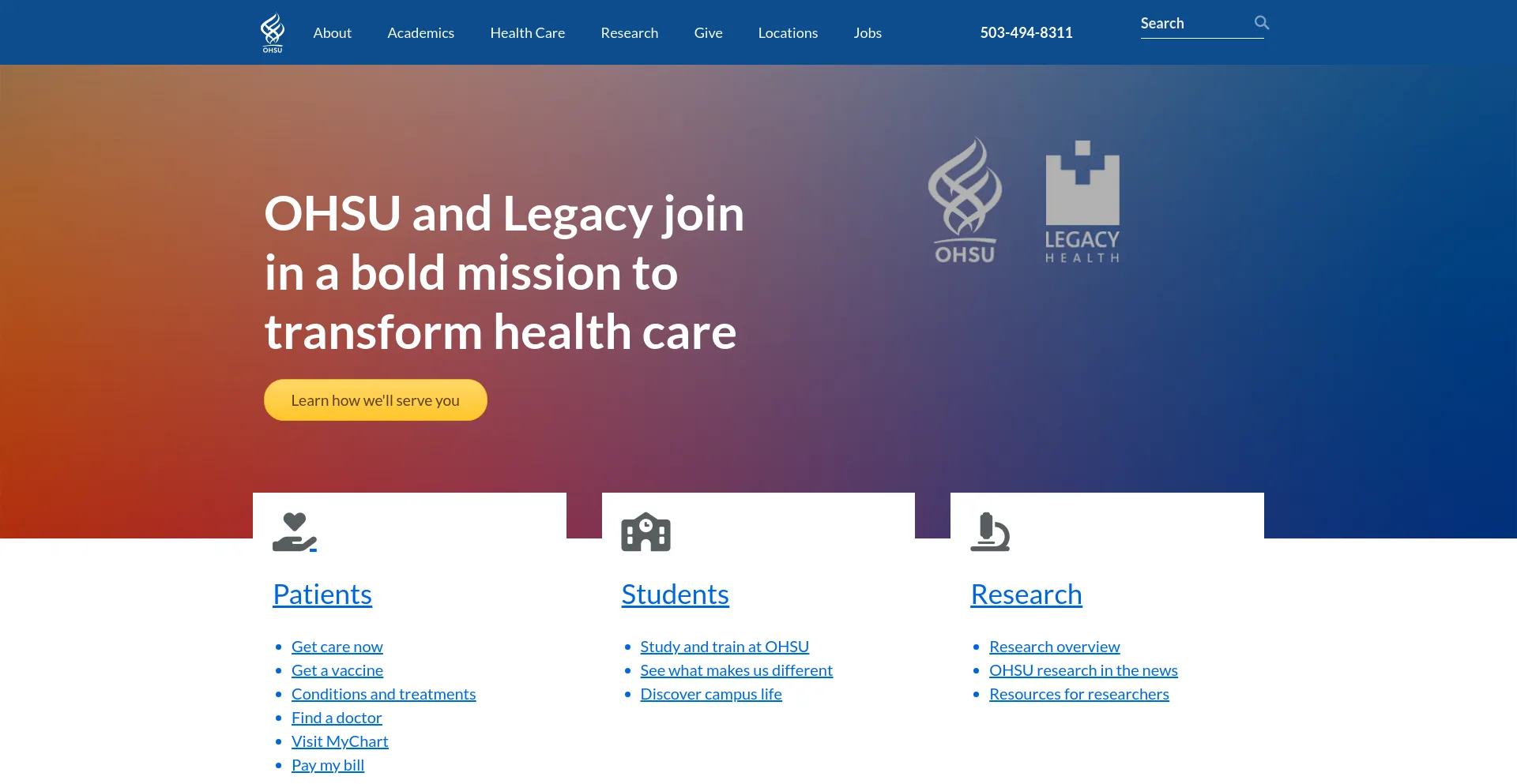 Screenshot of ohsu.edu homepage