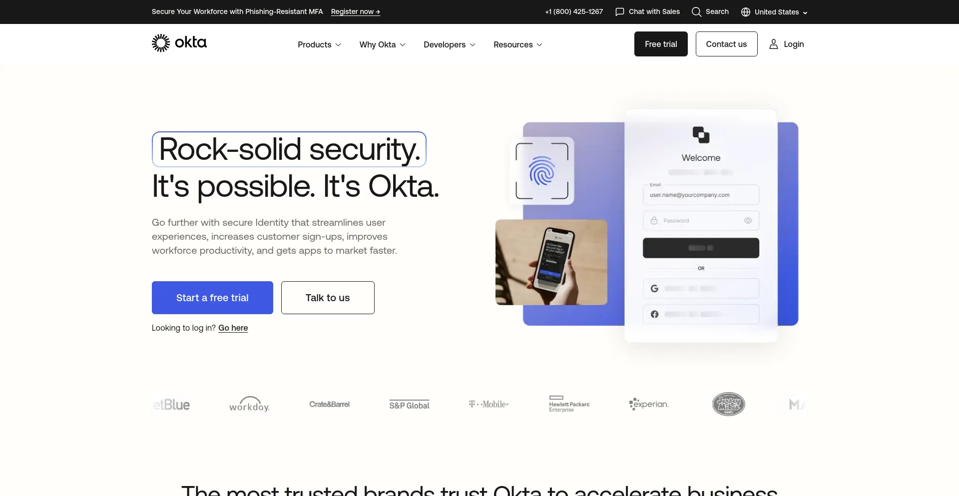 Screenshot of okta.com homepage