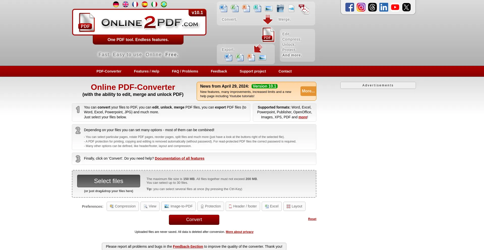 Screenshot of online2pdf.com homepage