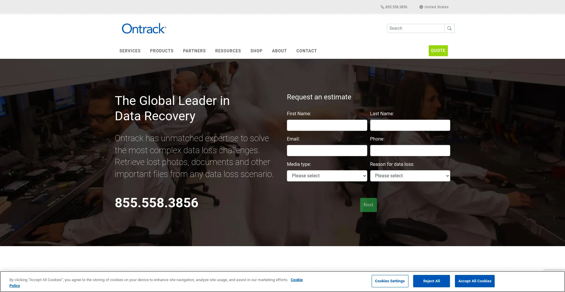 Screenshot of ontrack.com homepage