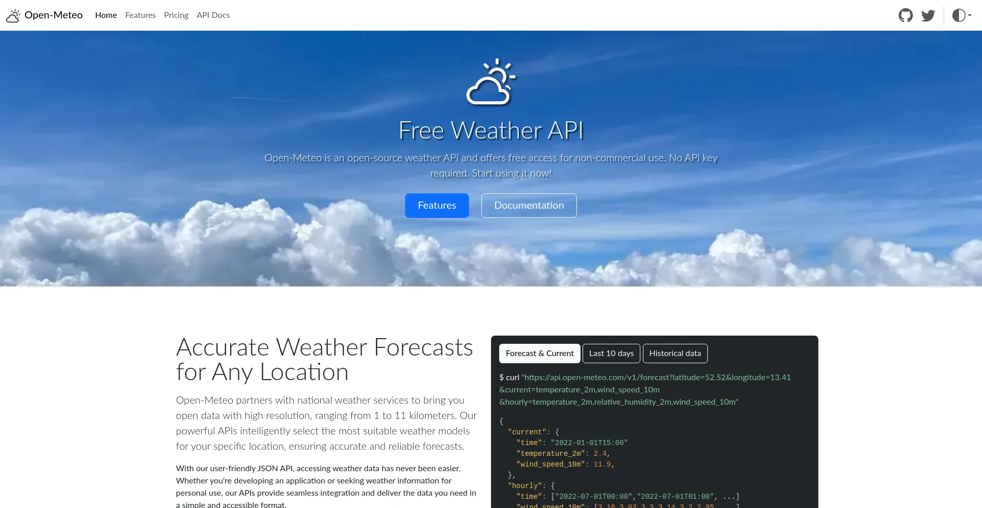 Screenshot of open-meteo.com homepage