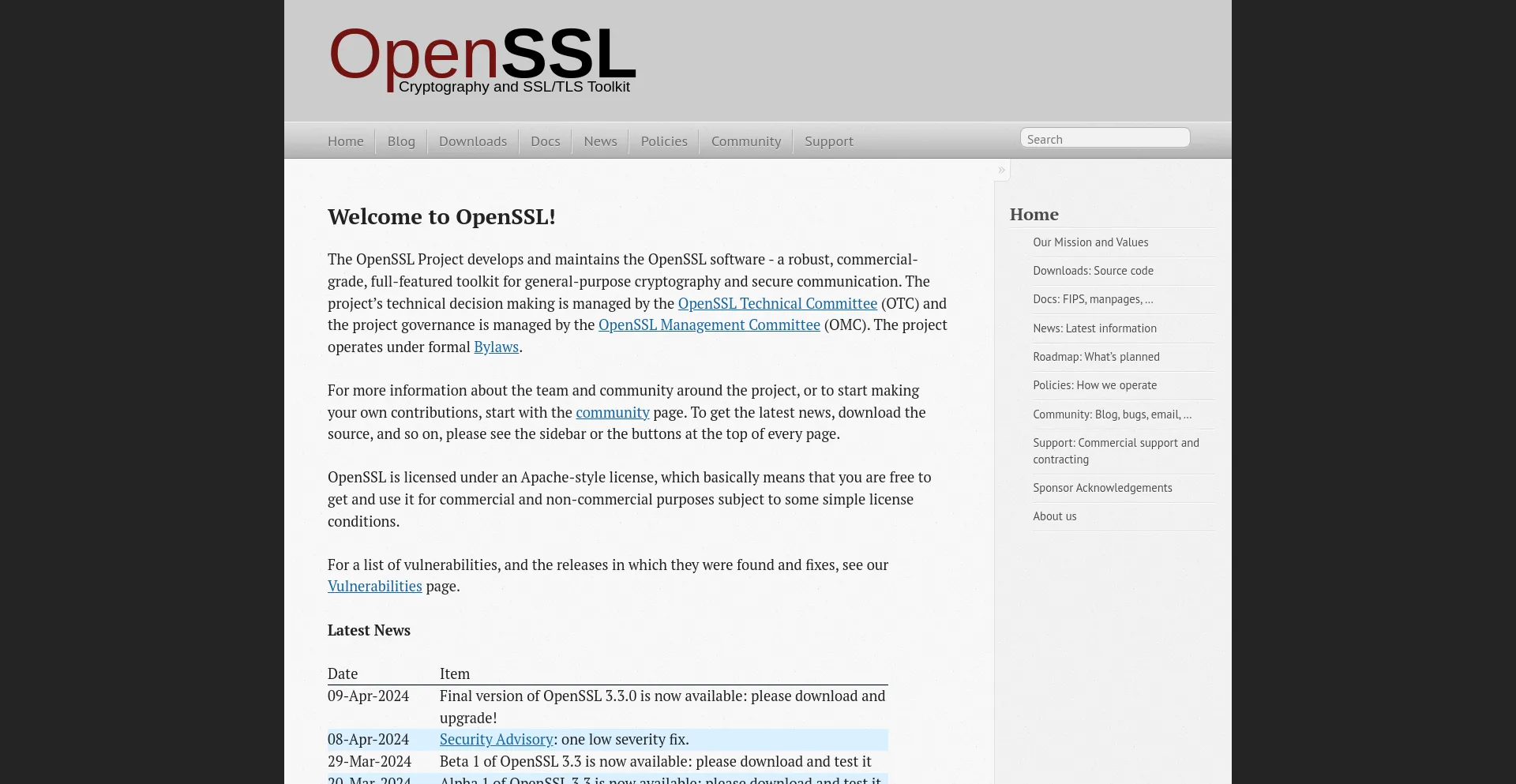 Screenshot of openssl.org homepage