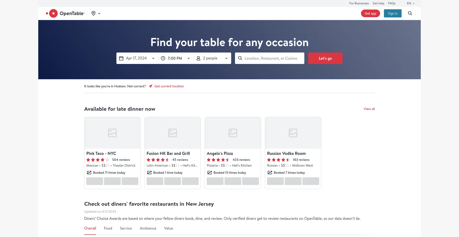 Screenshot of opentable.com homepage