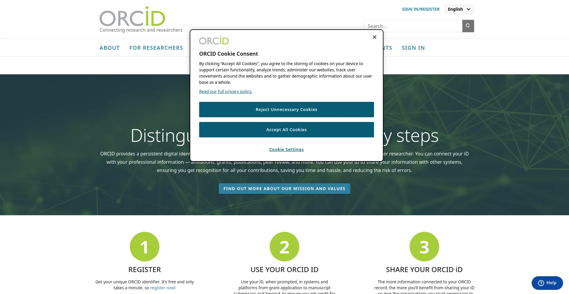 Screenshot of orcid.org homepage