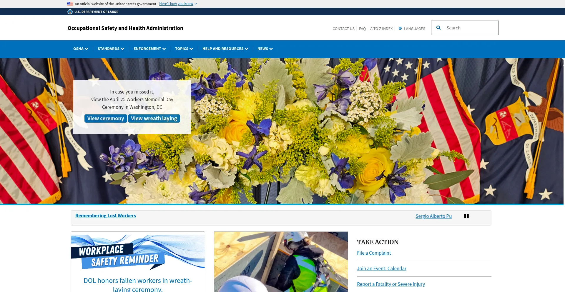 Screenshot of osha.gov homepage