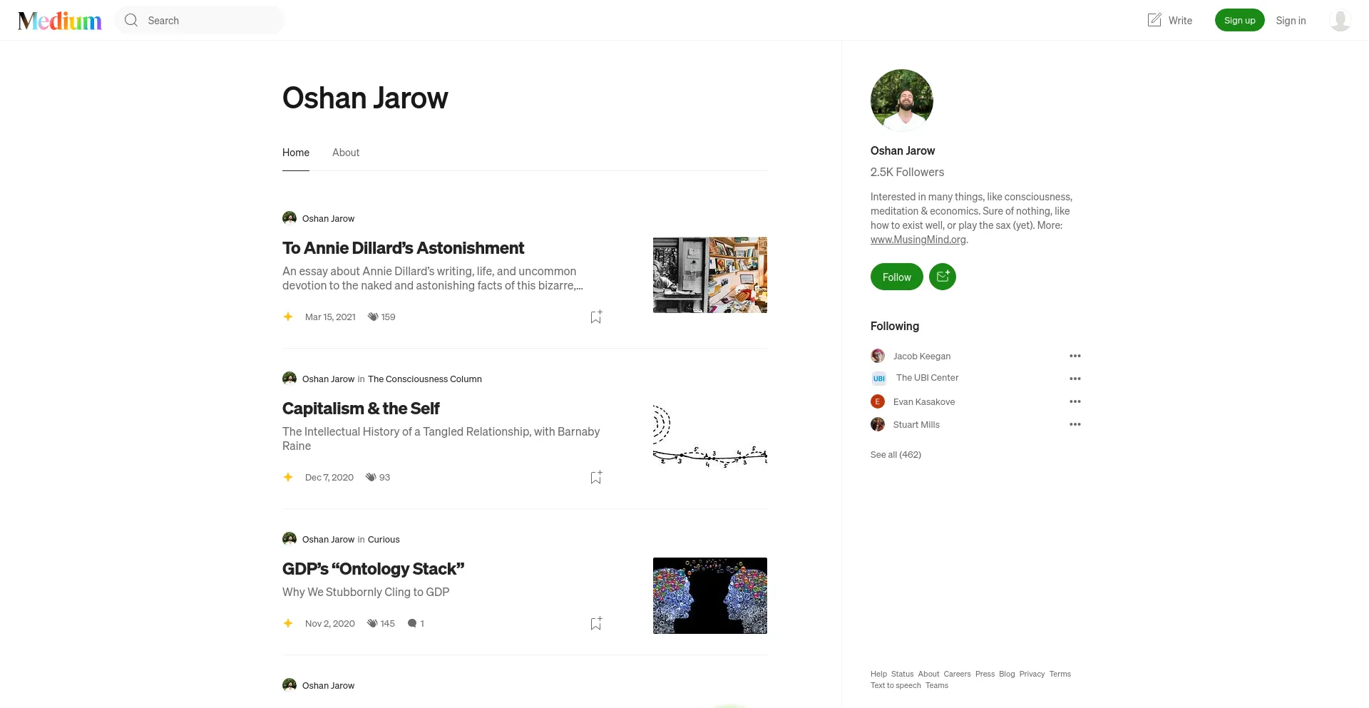 Screenshot of oshanjarow.medium.com homepage