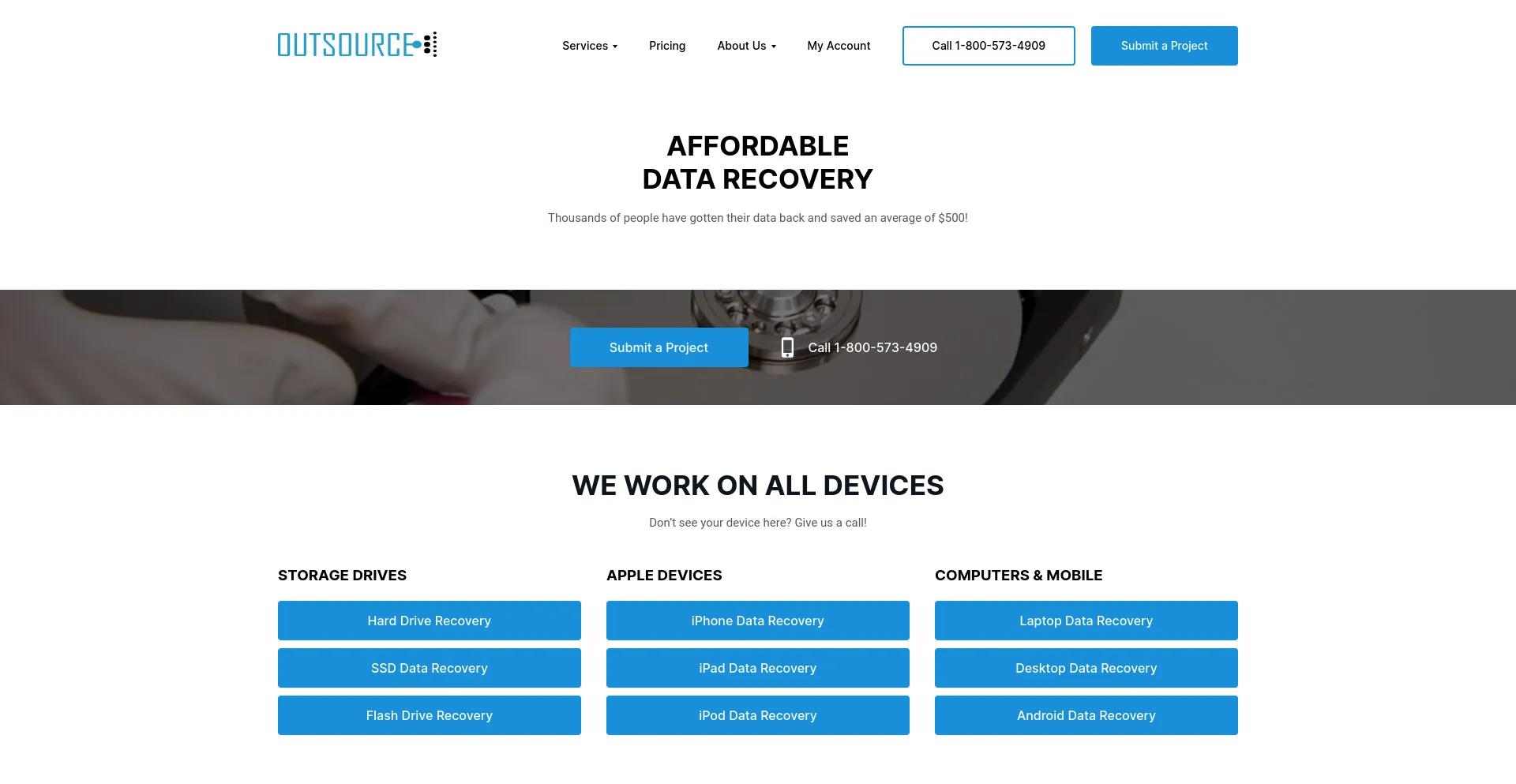 Screenshot of outsourcedatarecovery.com homepage