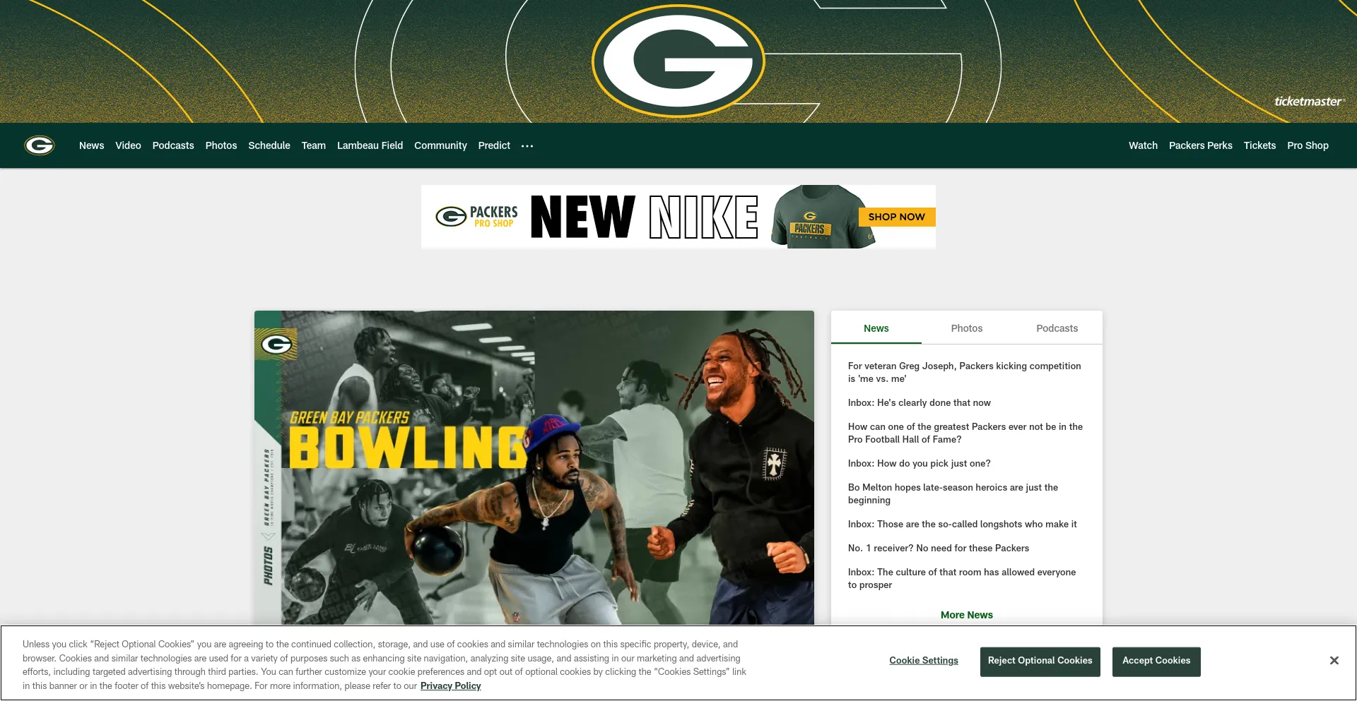 Screenshot of packers.com homepage