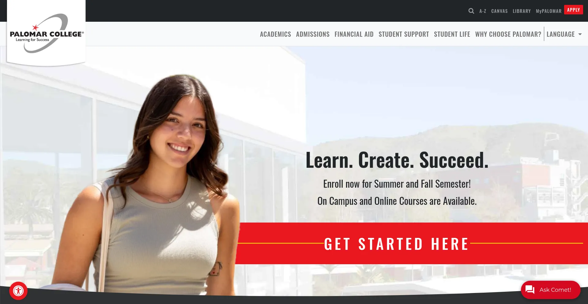 Screenshot of palomar.edu homepage