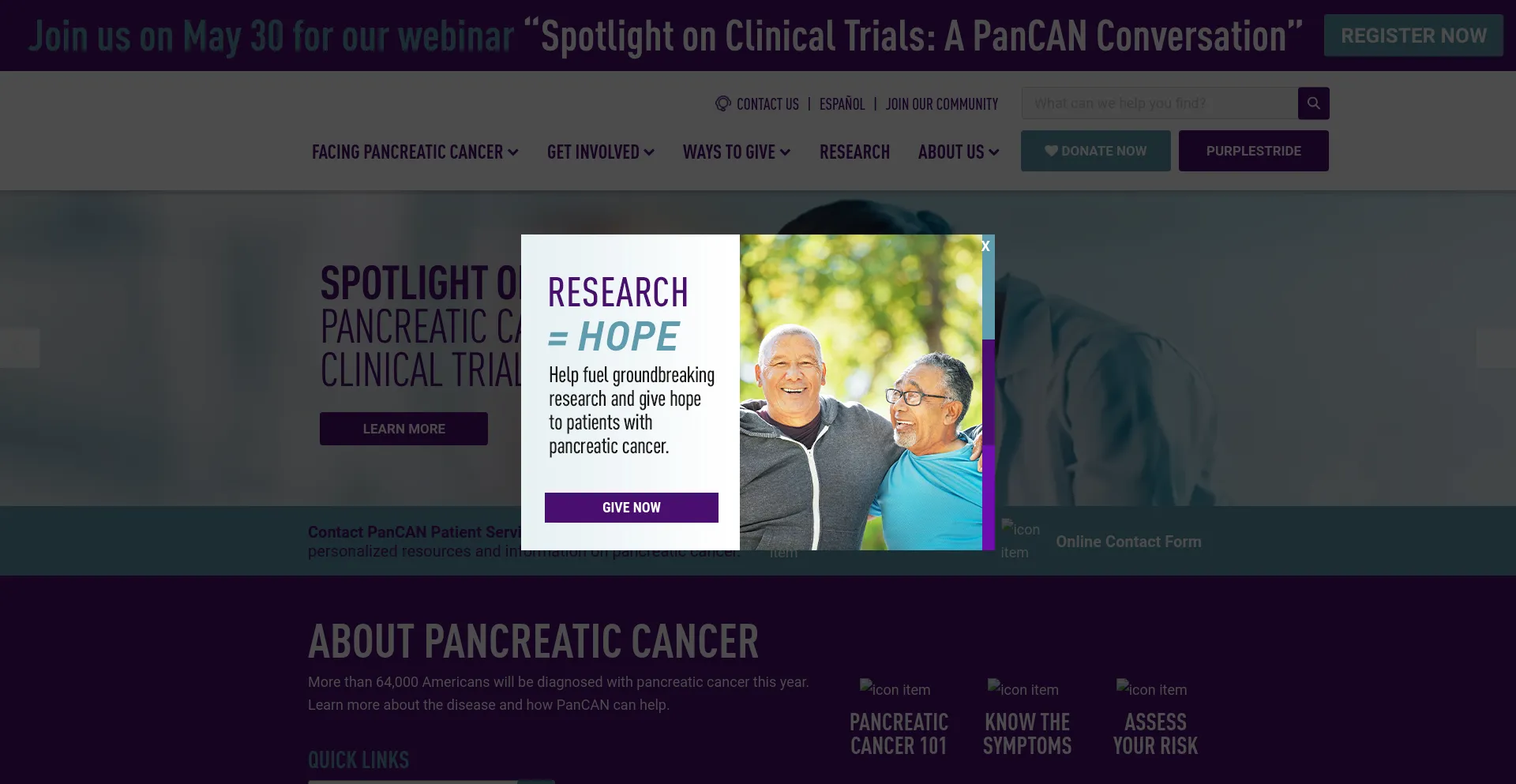 Screenshot of pancan.org homepage