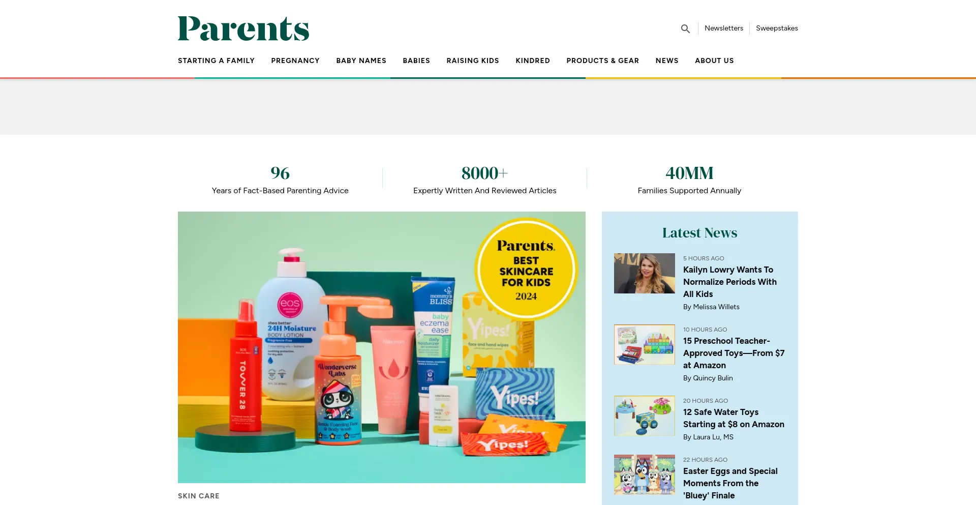 Screenshot of parents.com homepage