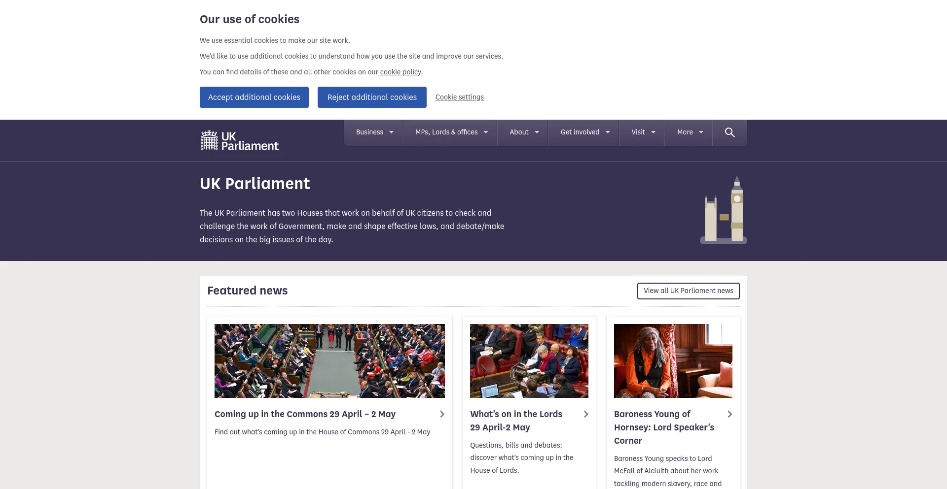 Screenshot of parliament.uk homepage