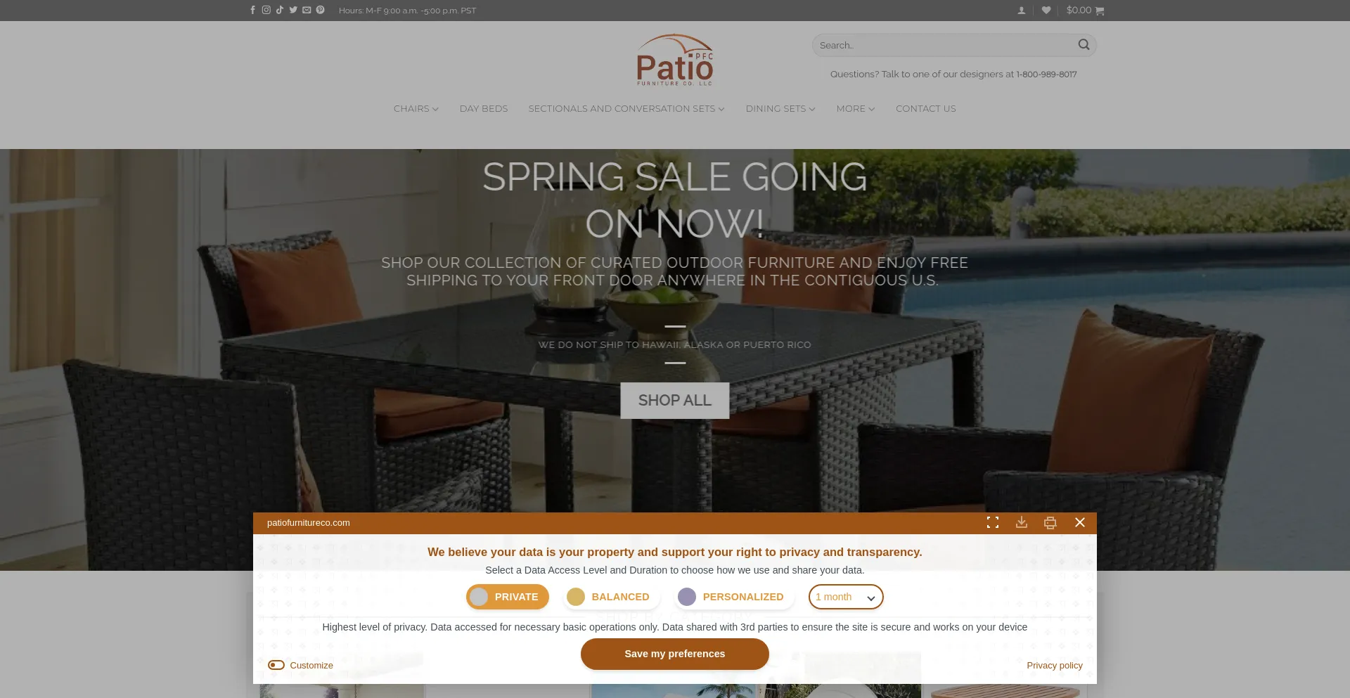 Screenshot of patiofurnitureco.com homepage