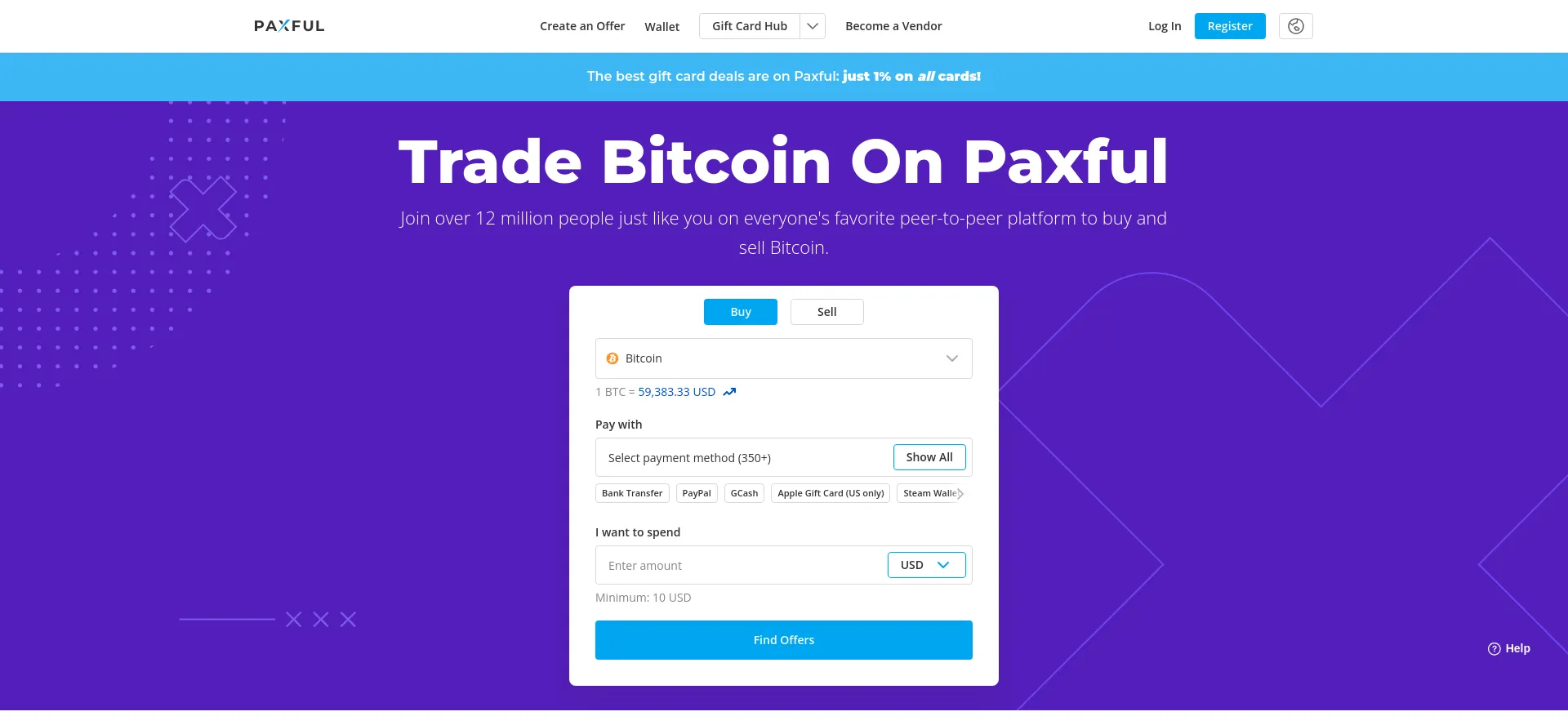 Screenshot of paxful.com homepage