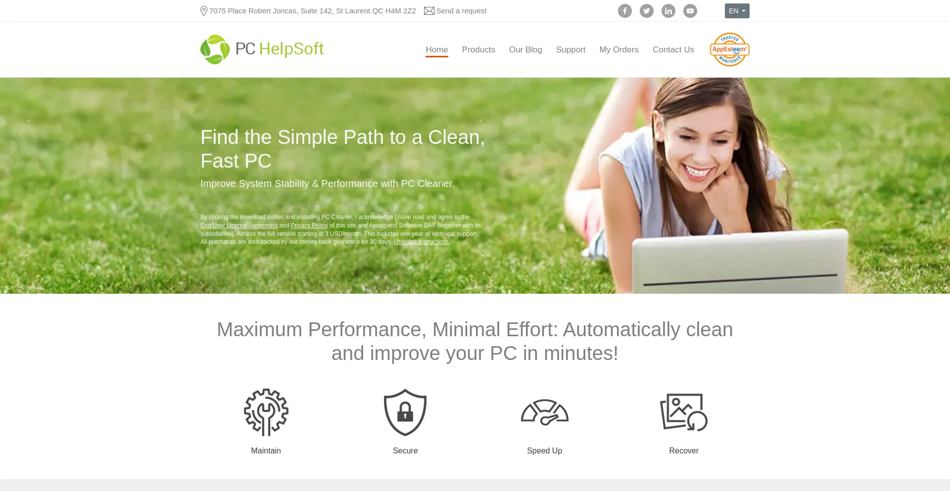 Screenshot of pchelpsoft.com homepage