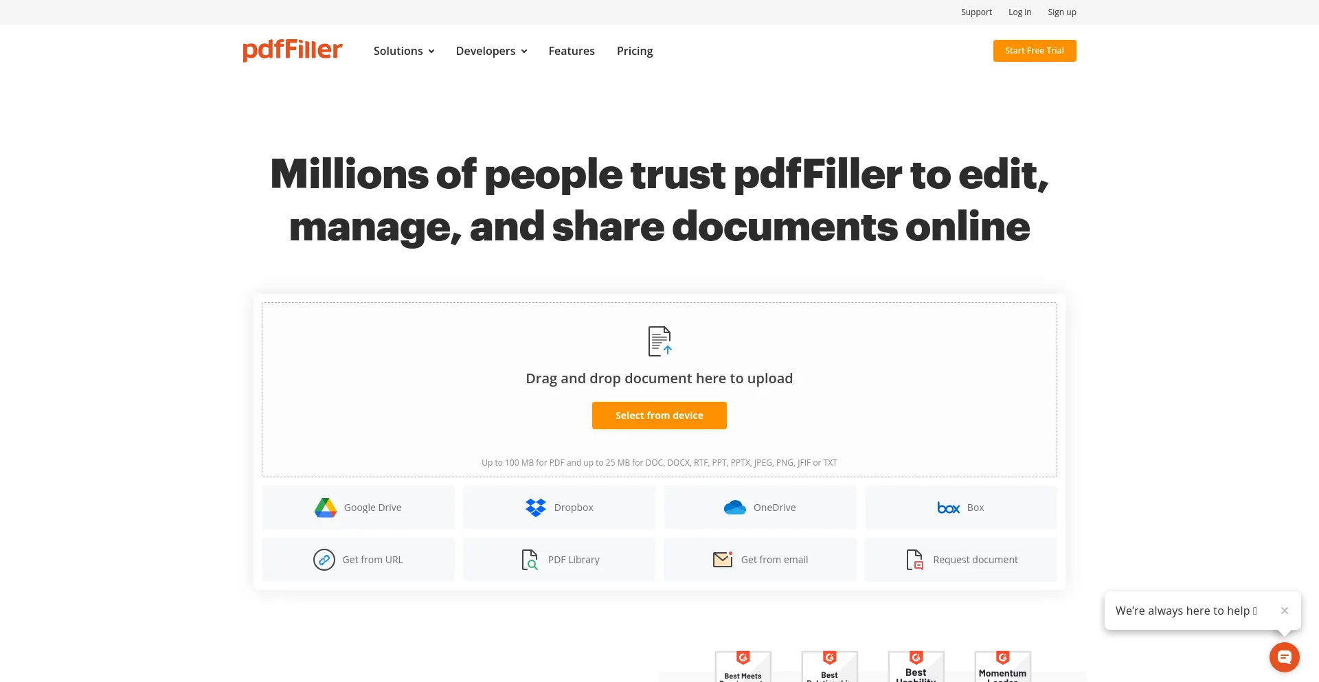 Screenshot of pdffiller.com homepage