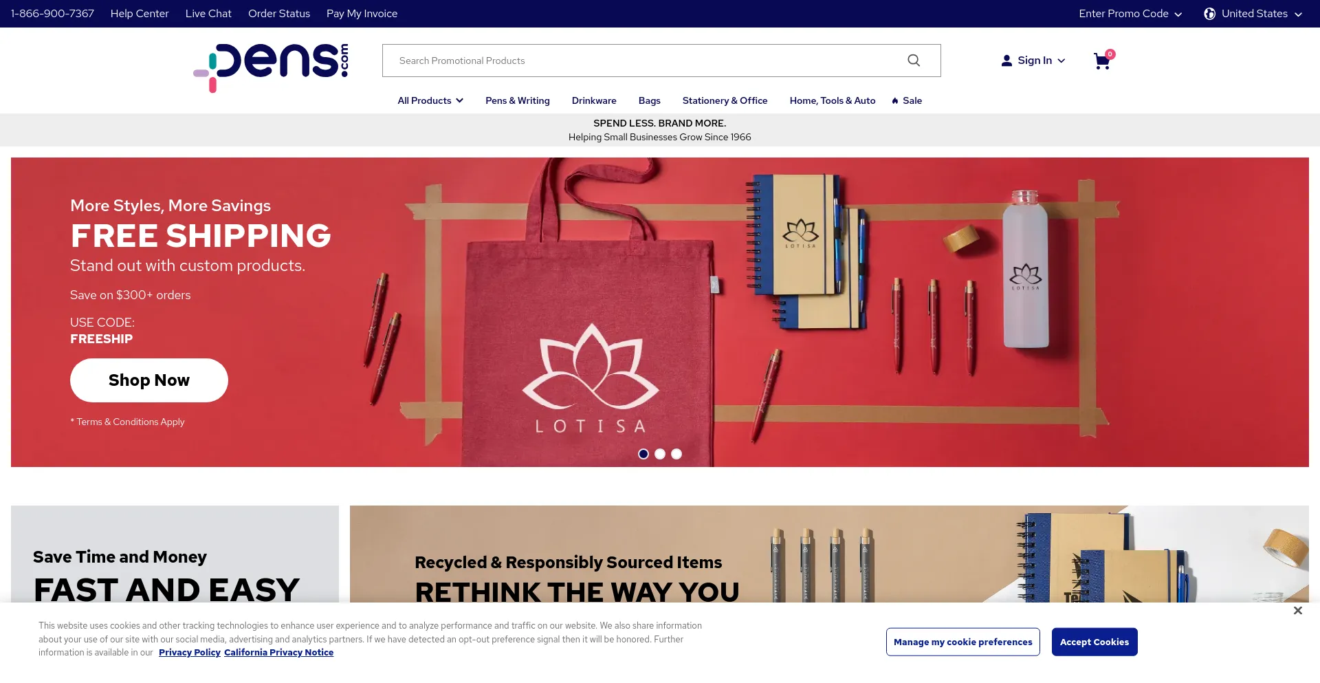 Screenshot of pens.com homepage