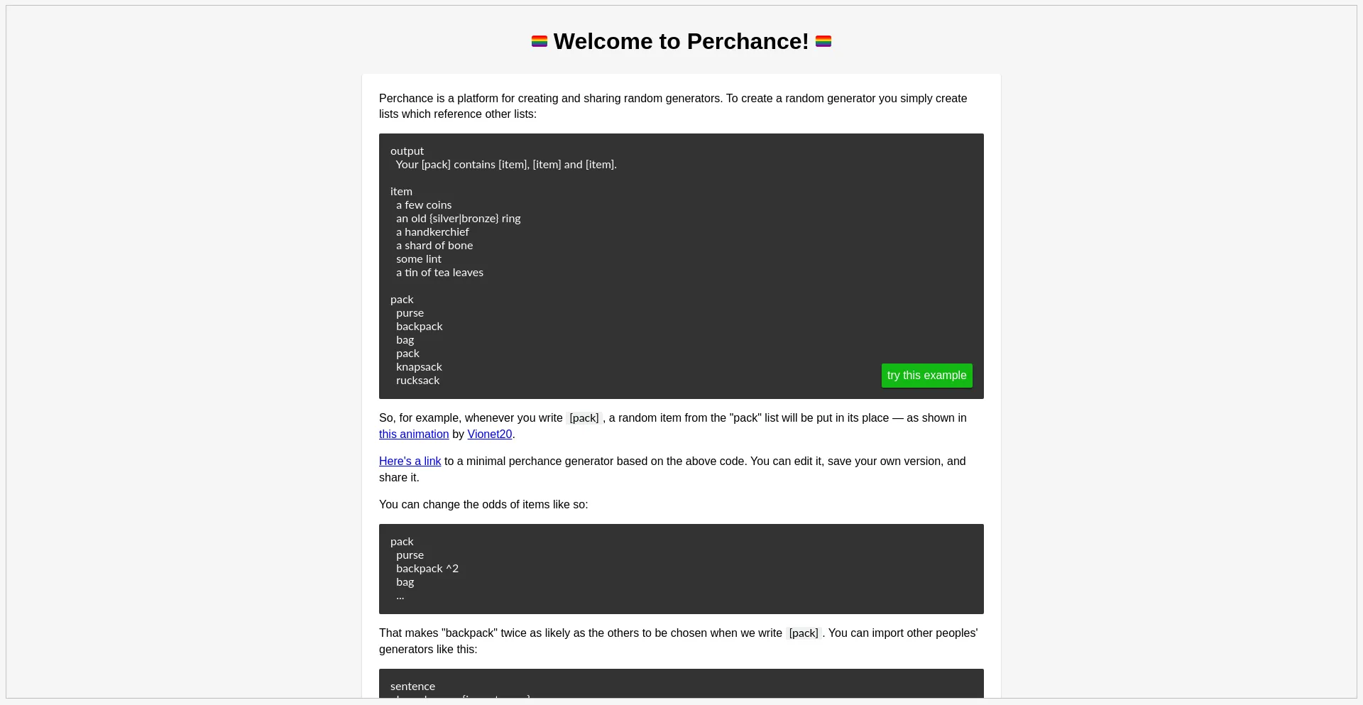 Screenshot of perchance.org homepage