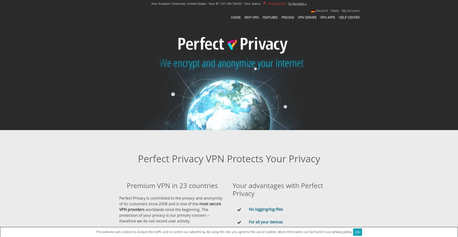 Screenshot of perfect-privacy.com homepage