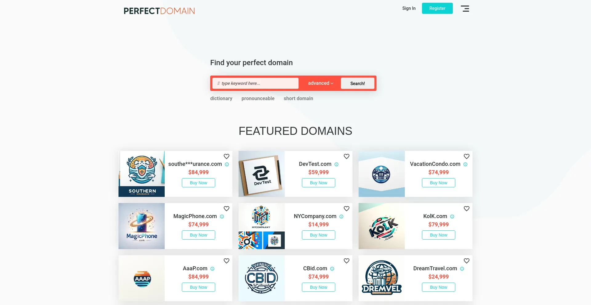 Screenshot of perfectdomain.com homepage