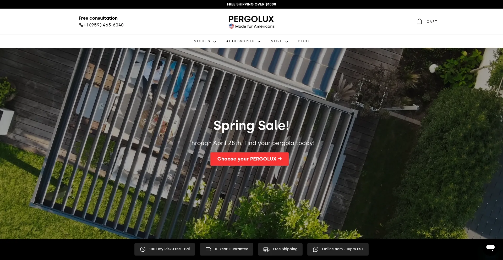 Screenshot of pergoluxshop.com homepage