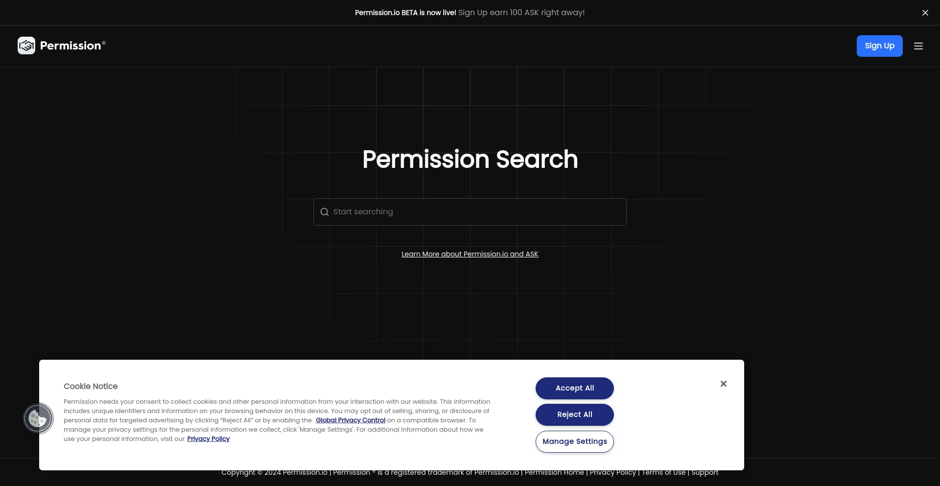 Screenshot of permission.io homepage