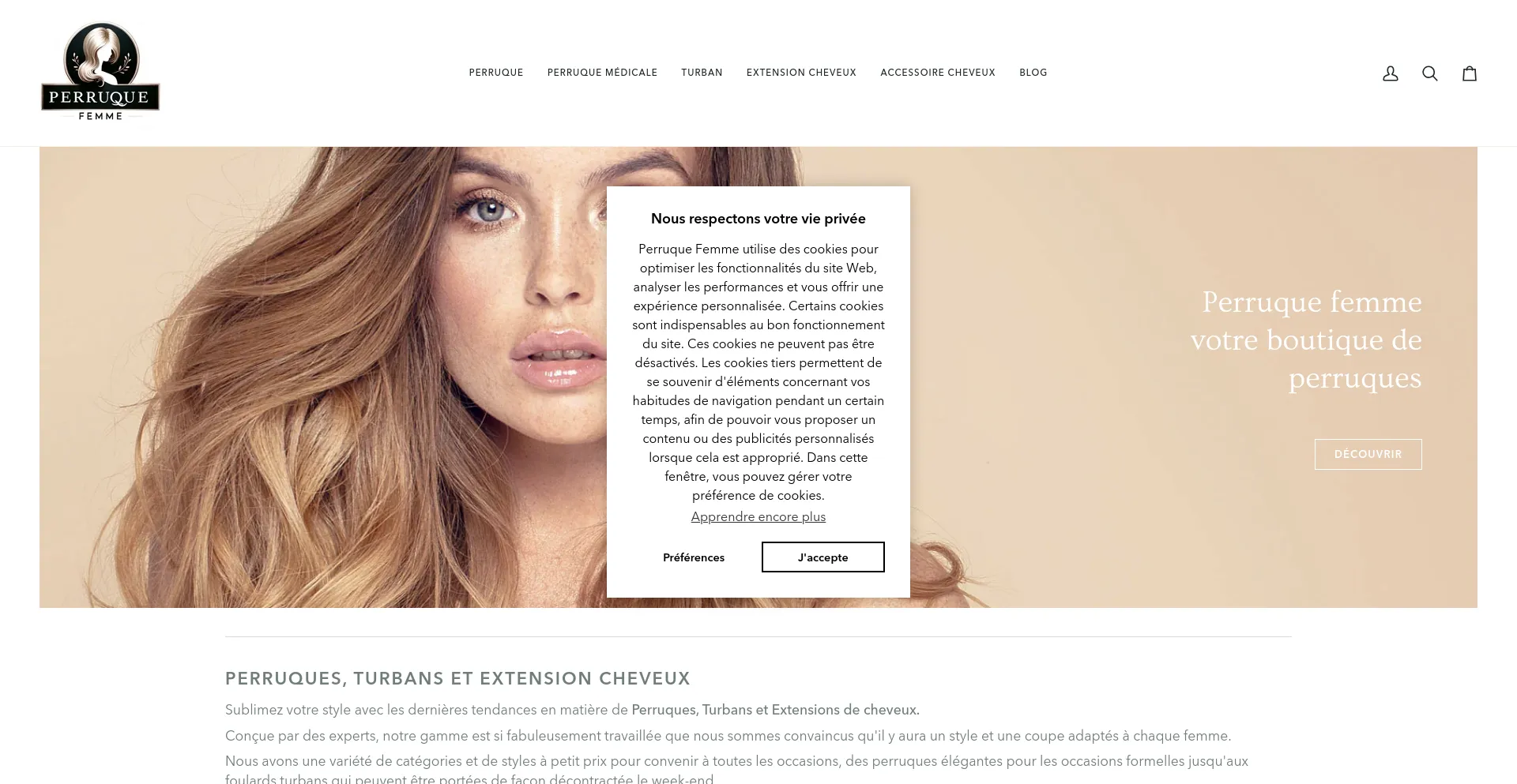 Screenshot of perruque-femme.com homepage