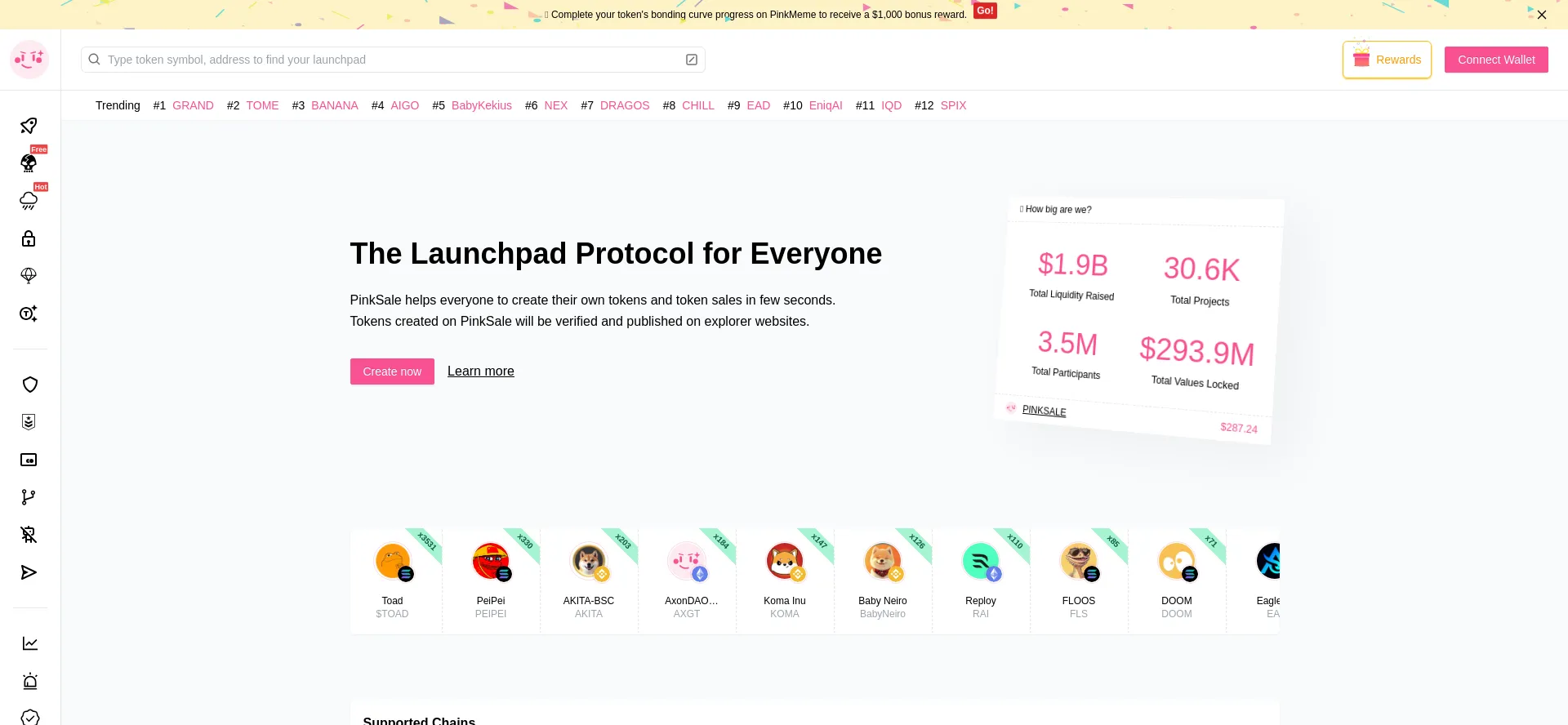 Screenshot of pinksale.finance homepage