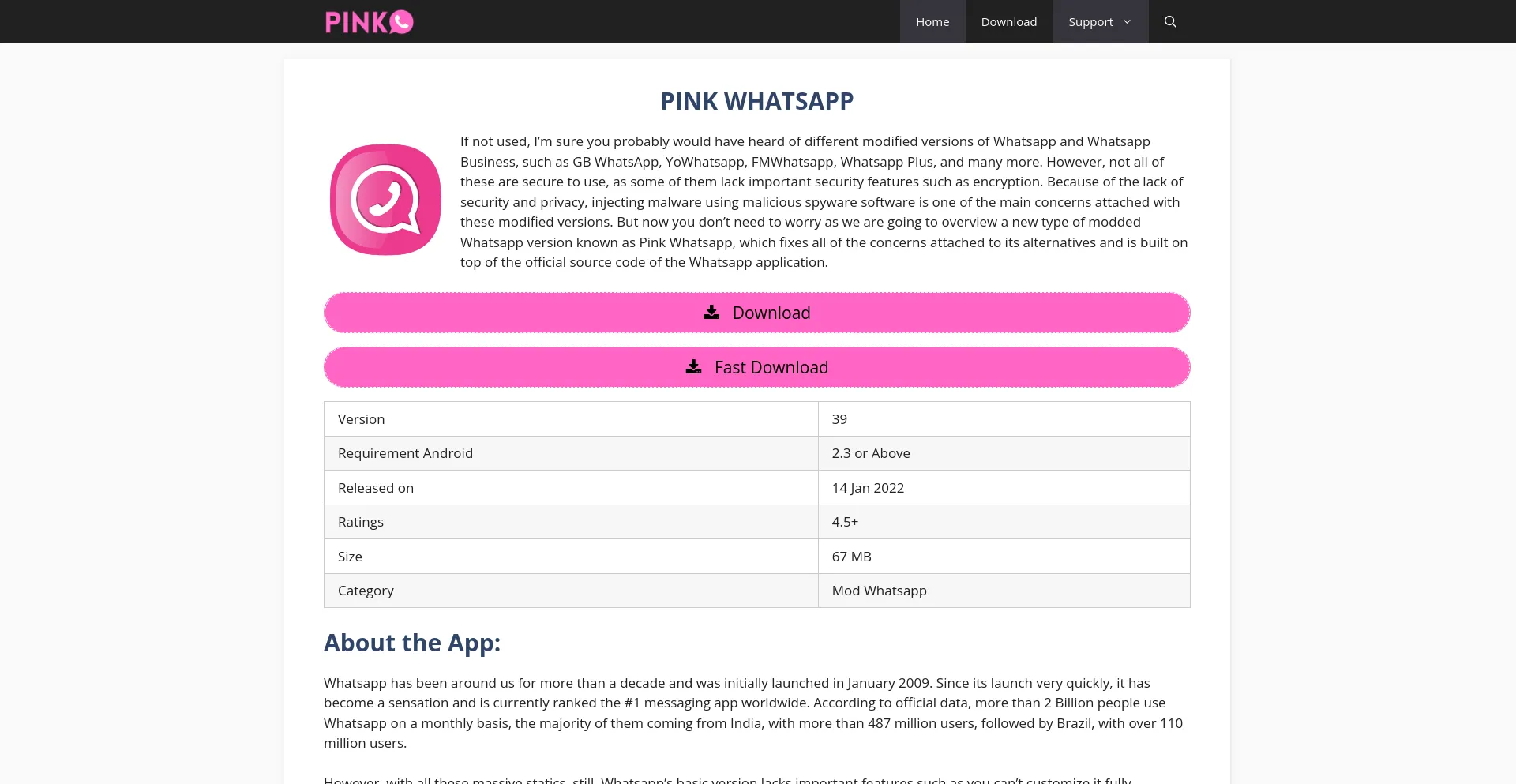 Screenshot of pinkwhatsapp.com homepage