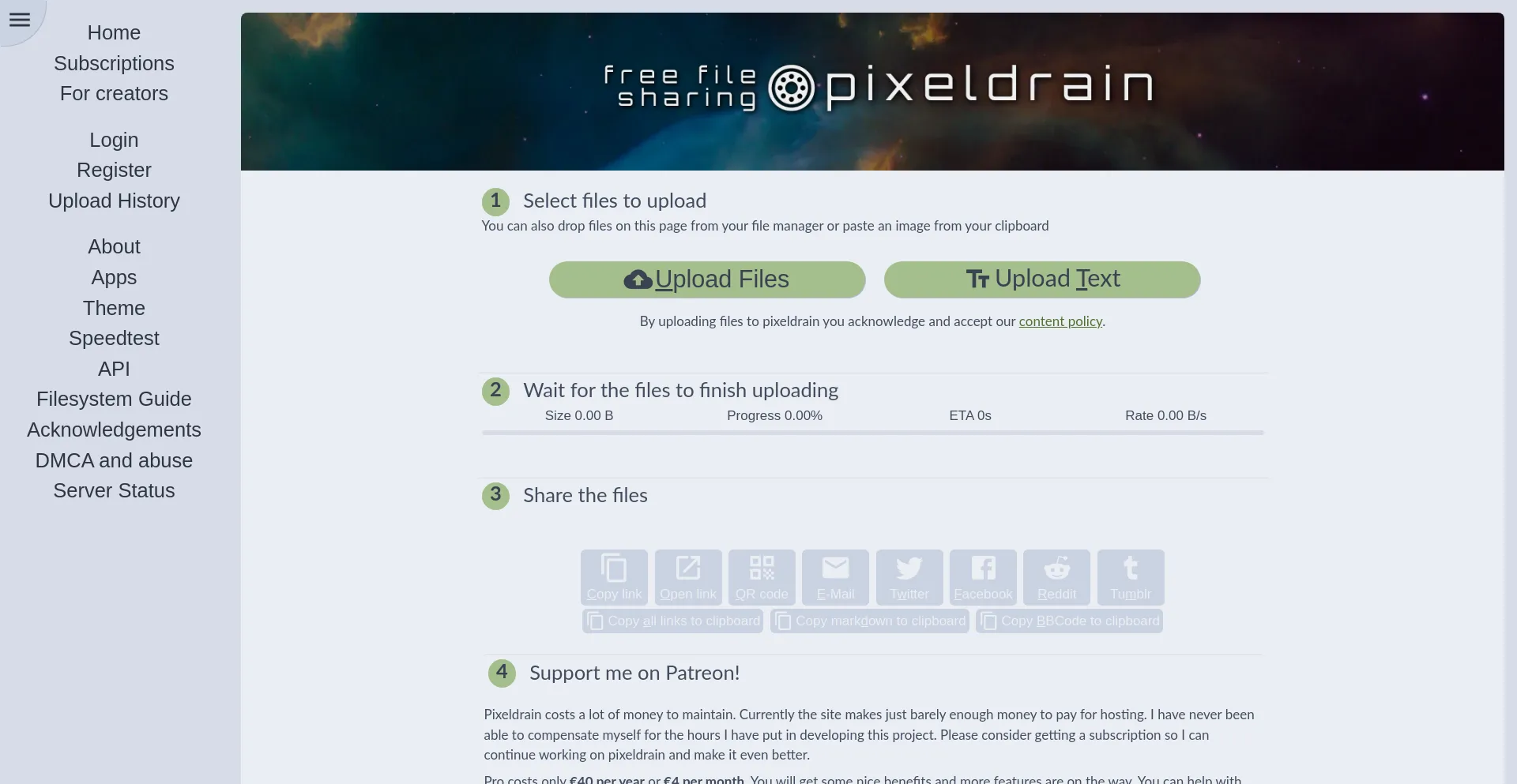 Screenshot of pixeldrain.com homepage
