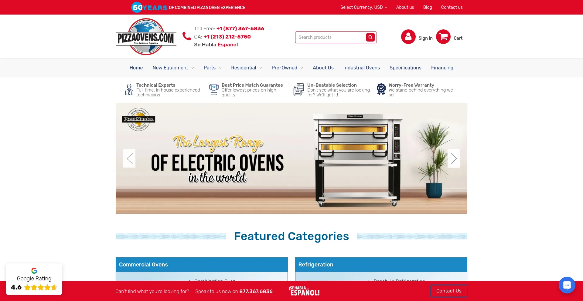 Screenshot of pizzaovens.com homepage