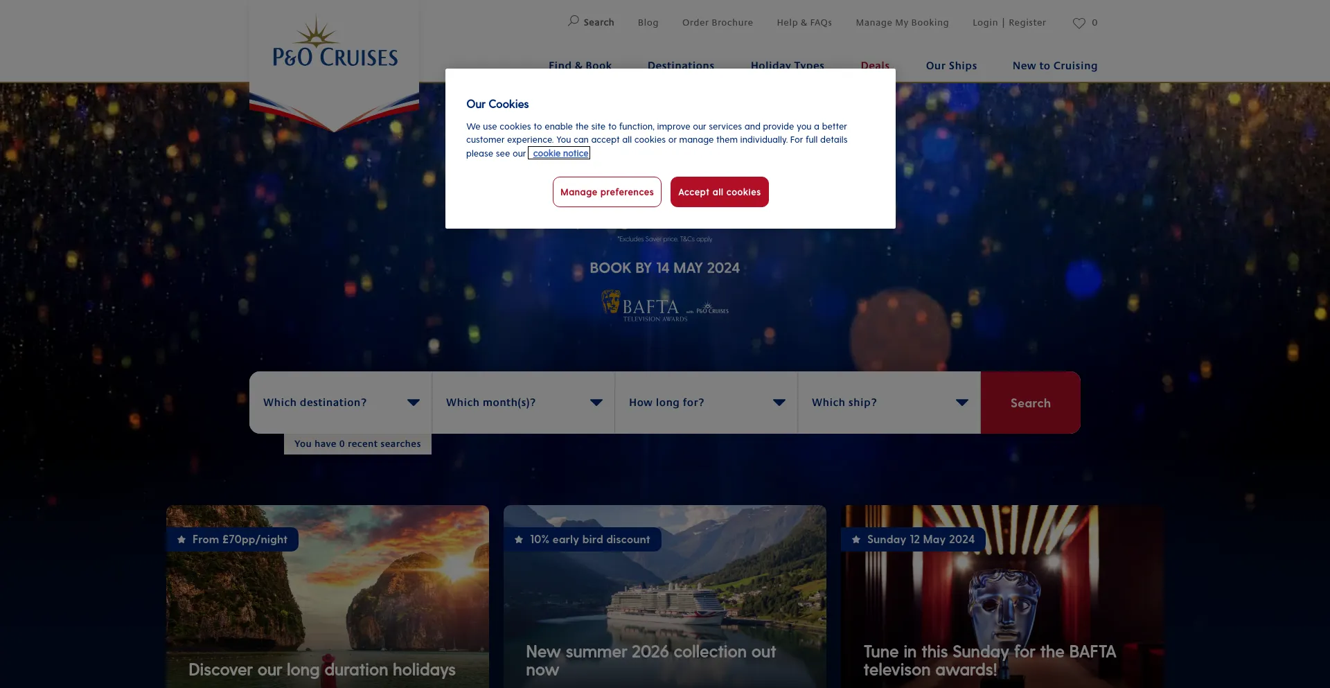 Screenshot of pocruises.com homepage