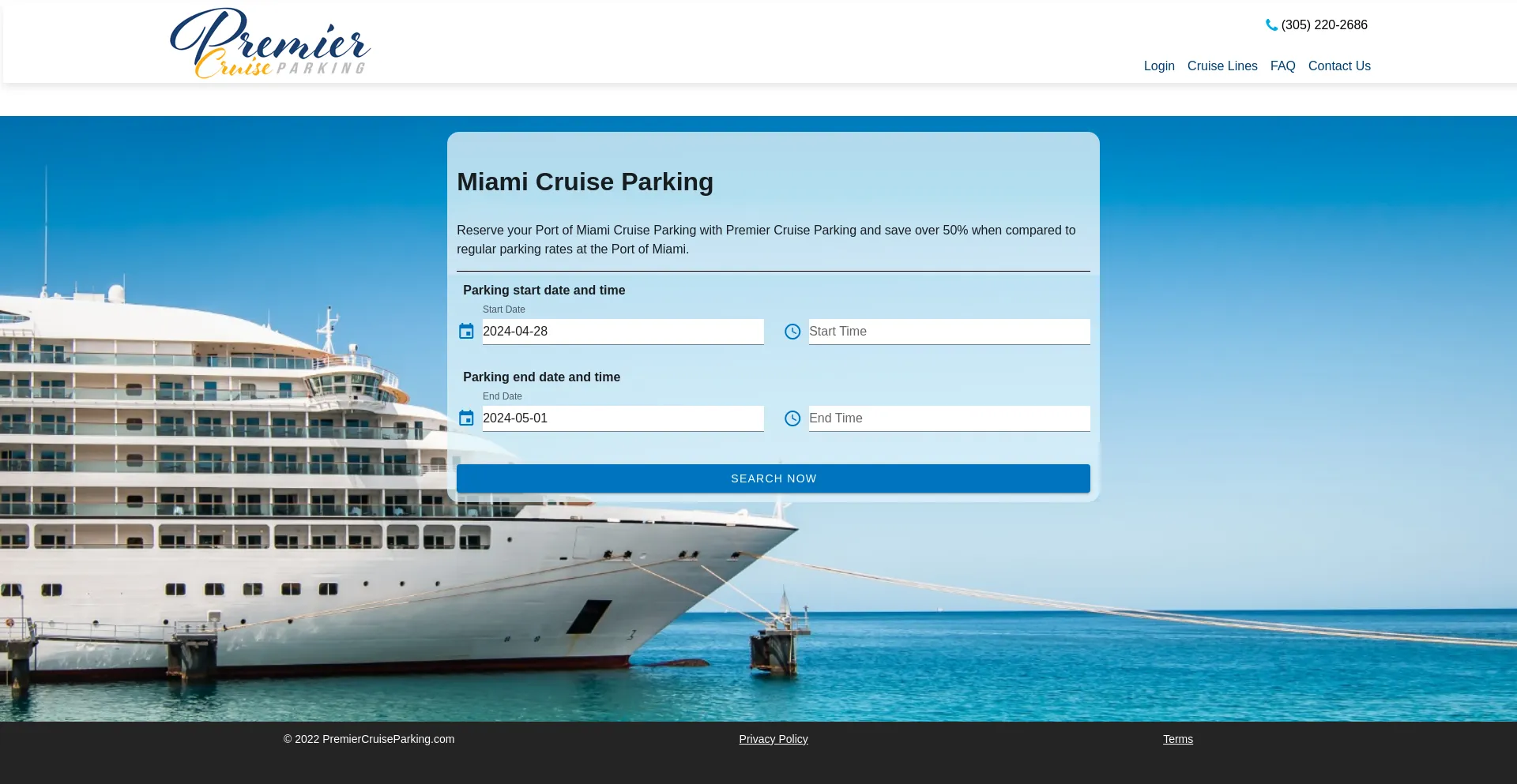 Screenshot of premiercruiseparking.com homepage