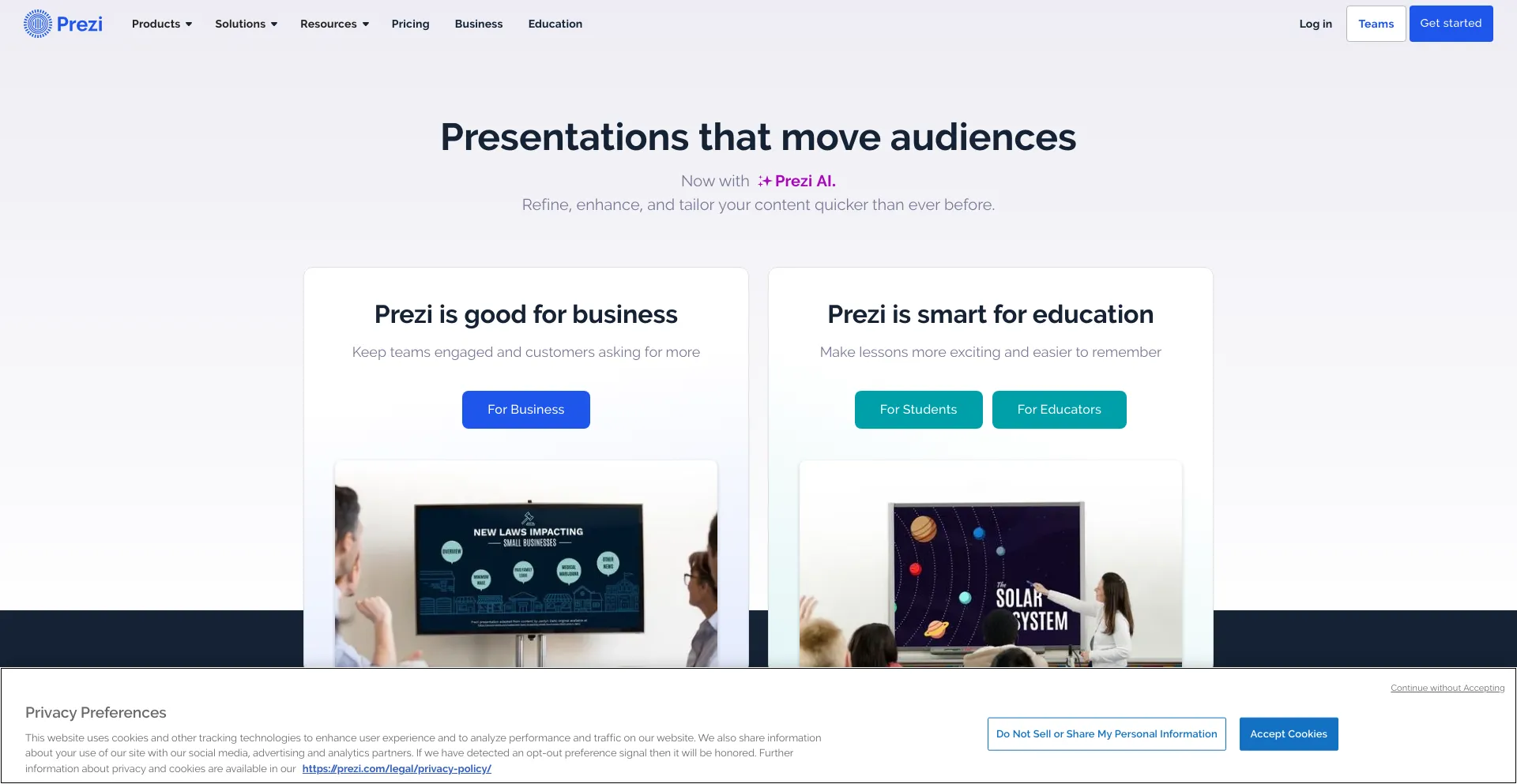 Screenshot of prezi.com homepage