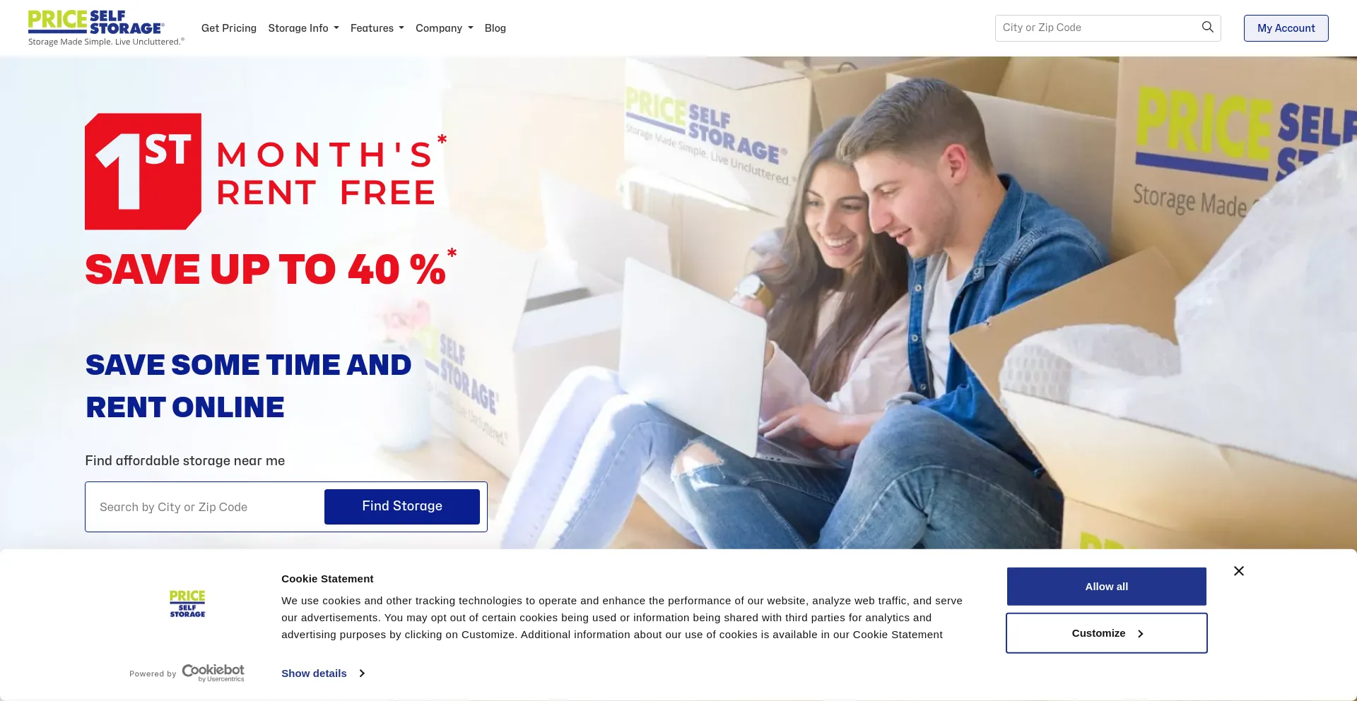 Screenshot of priceselfstorage.com homepage