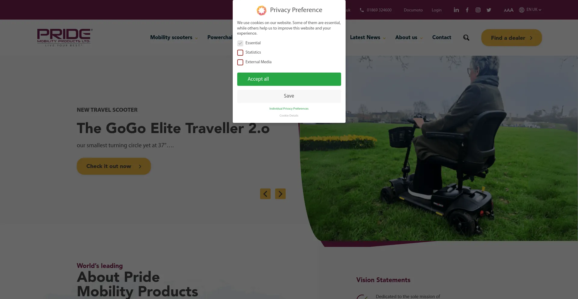 Screenshot of pride-mobility.co.uk homepage