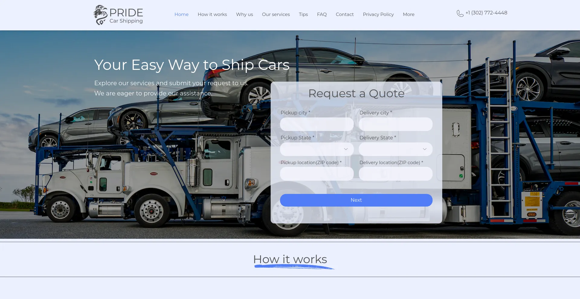 Screenshot of pridecarshipping.com homepage