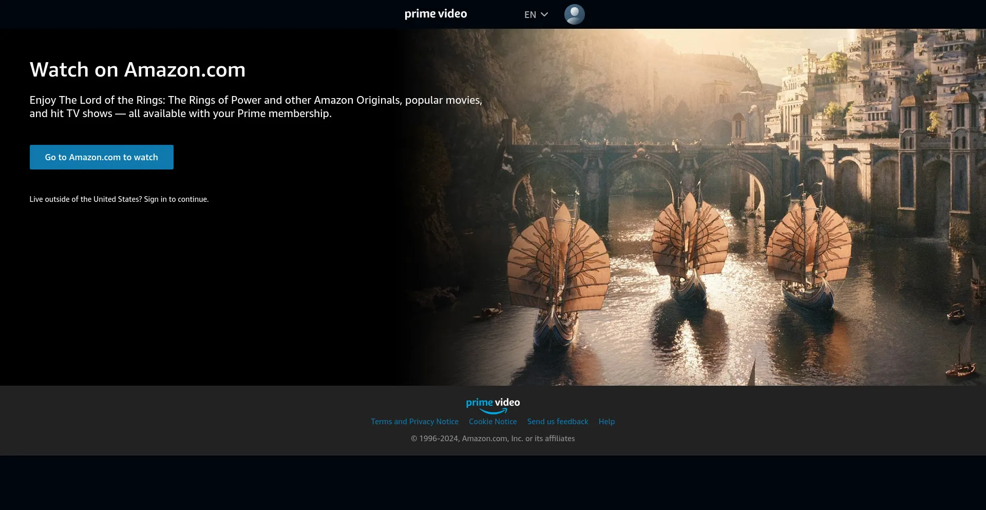 Screenshot of primevideo.com homepage