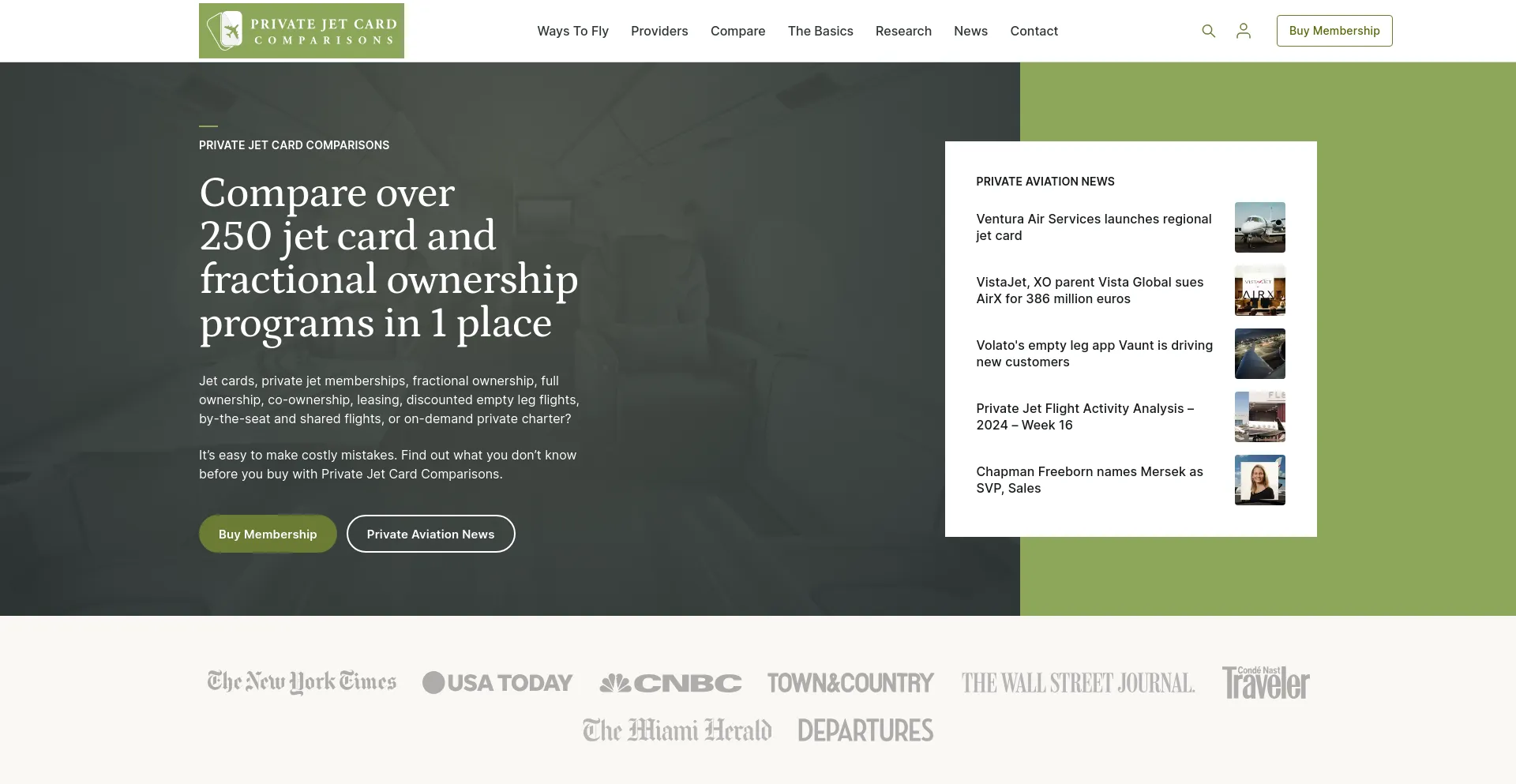 Screenshot of privatejetcardcomparisons.com homepage