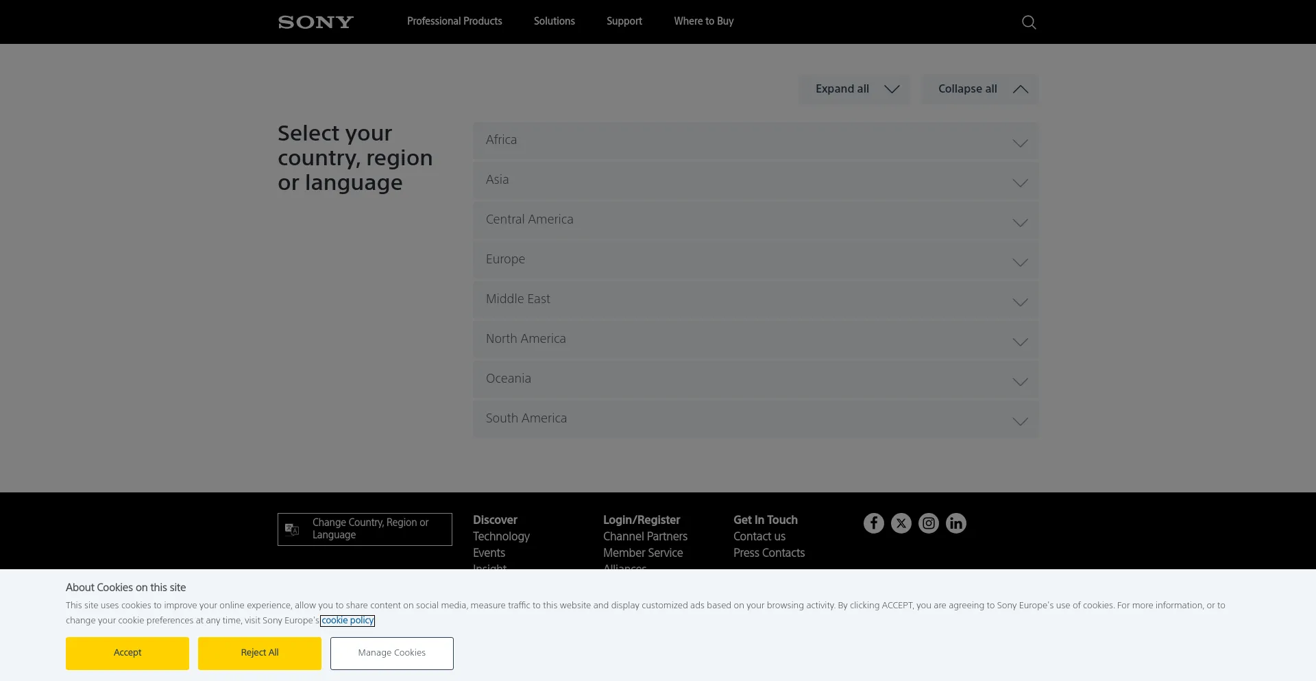 Screenshot of pro.sony homepage