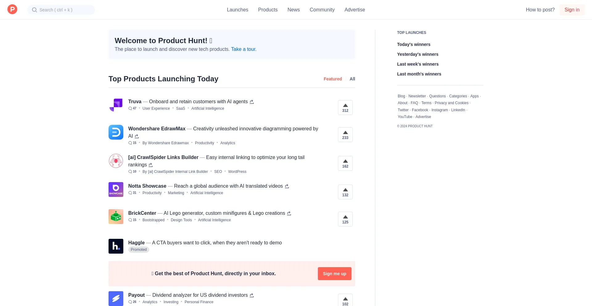 Screenshot of producthunt.com homepage