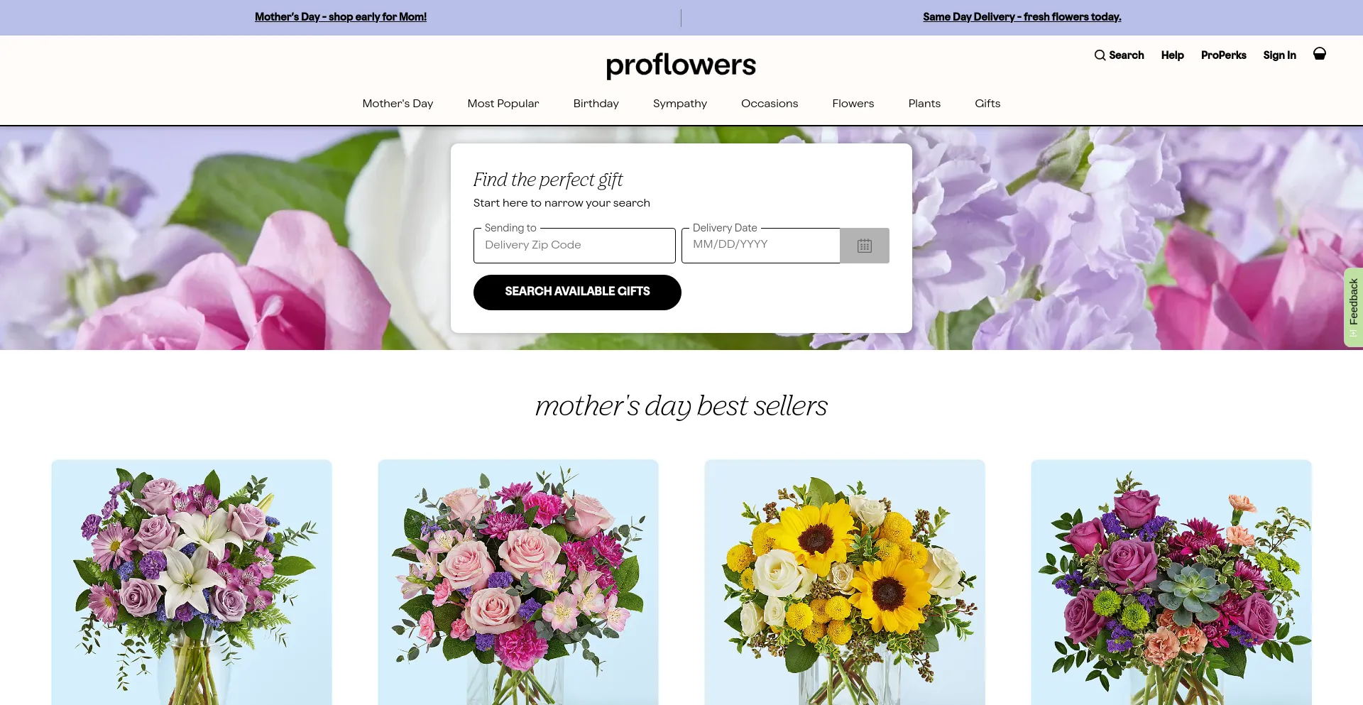 Screenshot of proflowers.com homepage