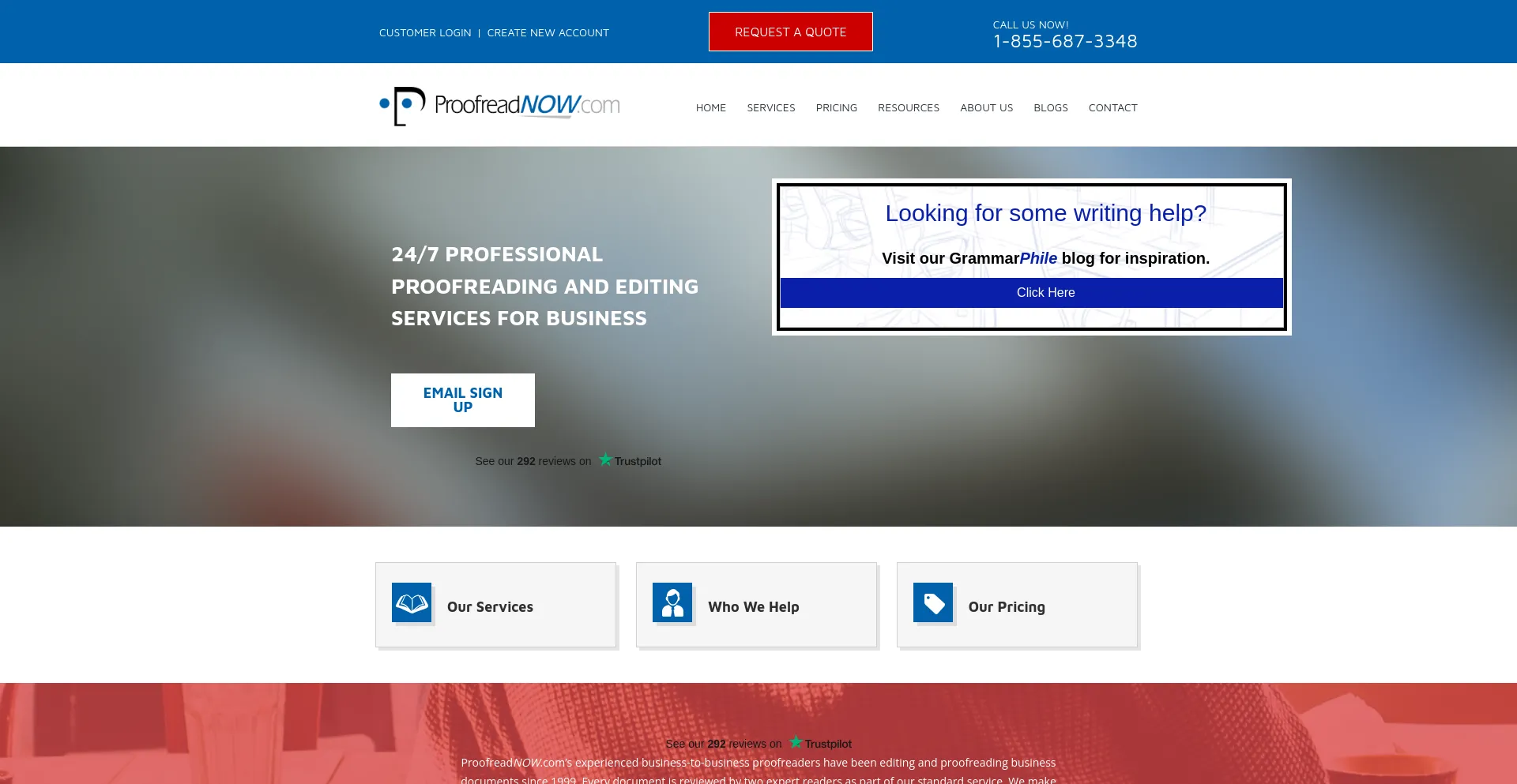 Screenshot of proofreadnow.com homepage