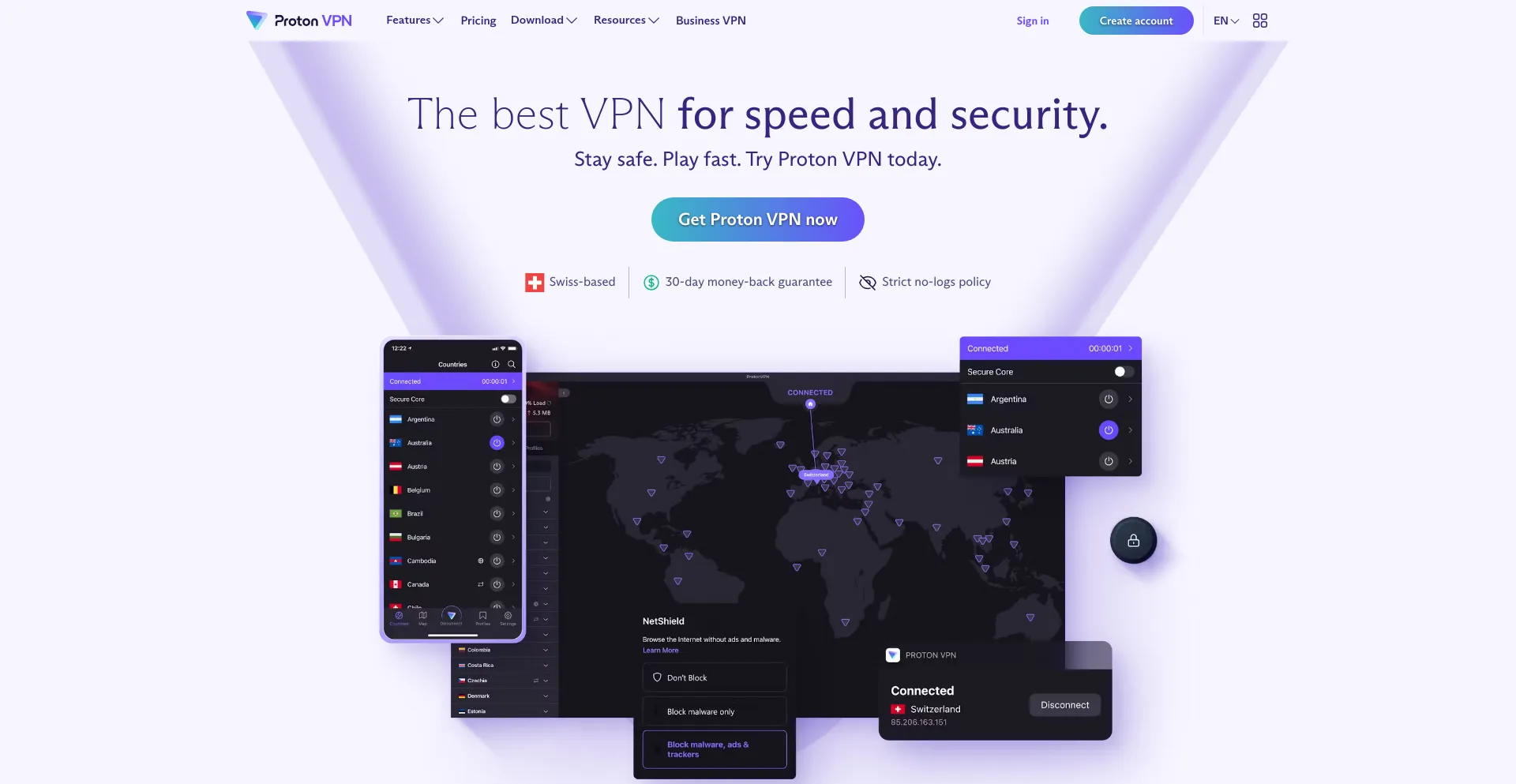 Screenshot of protonvpn.com homepage