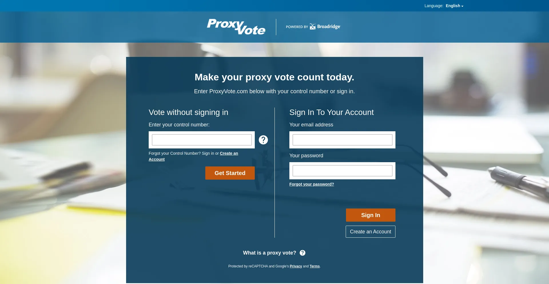 Screenshot of proxyvote.com homepage