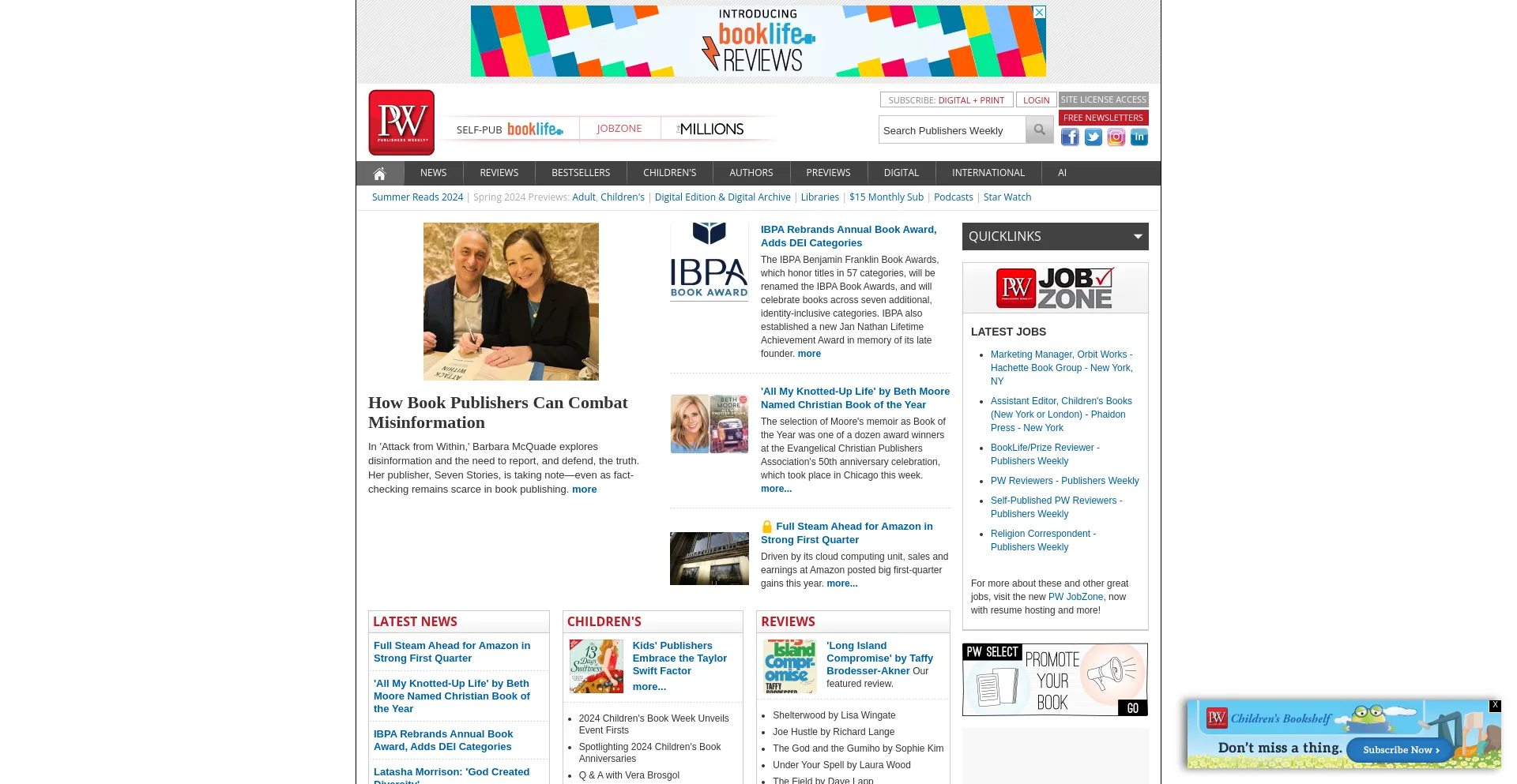 Screenshot of publishersweekly.com homepage