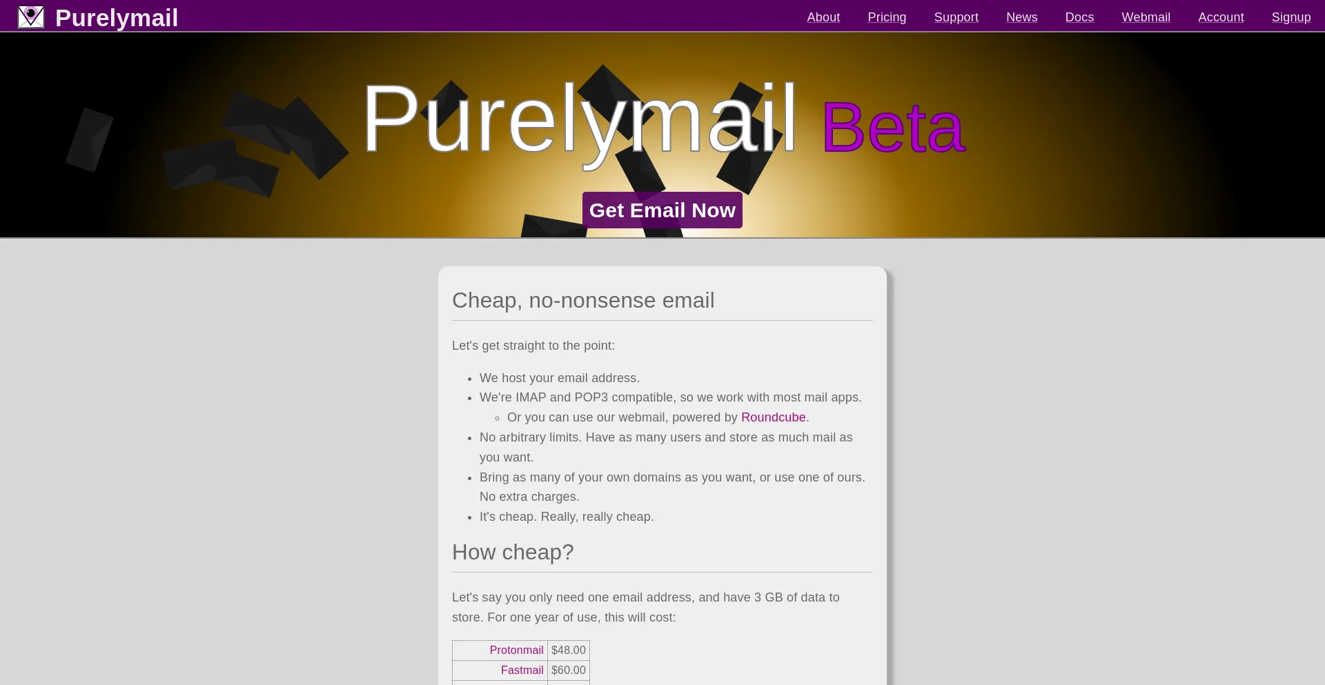 Screenshot of purelymail.com homepage