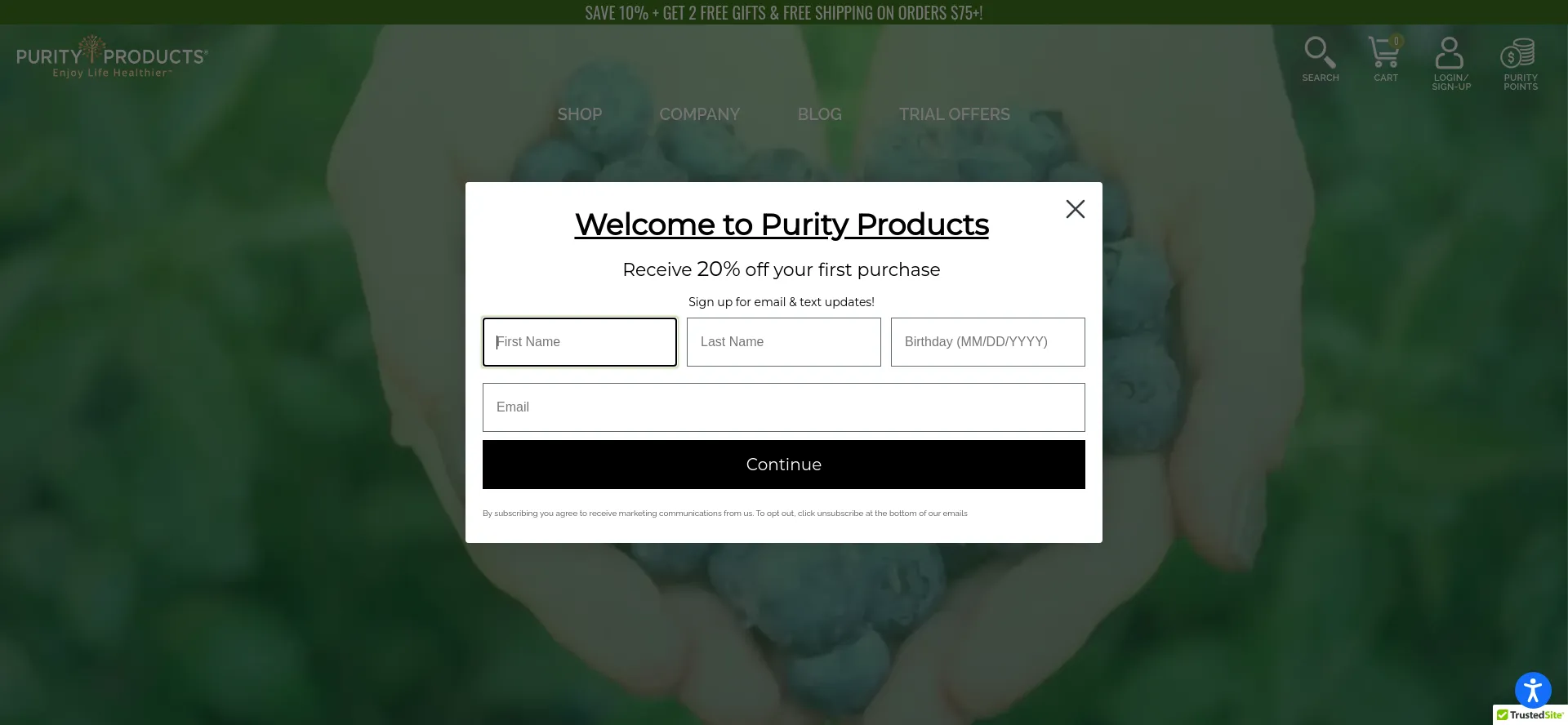 Screenshot of purityproducts.com homepage