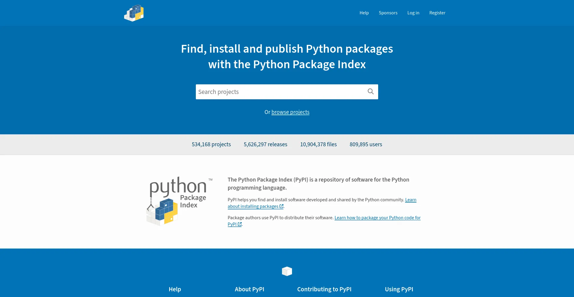 Screenshot of pypi.org homepage